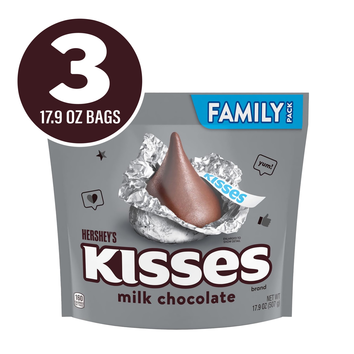 KISSES Hersheys Milk Chocolate Family Pack Stand Up Bags, 17.9 Oz, Pack Of 3 Bags - Image 3