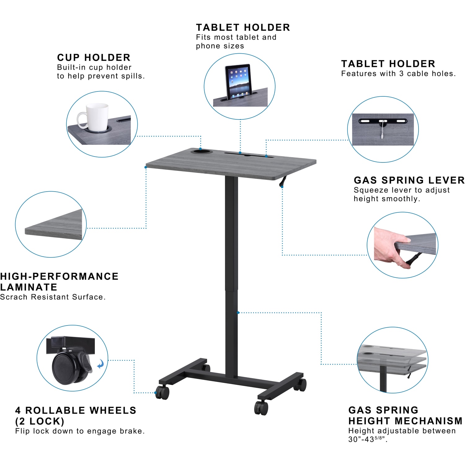 Lorell 20inW Height-Adjustable Mobile Computer Desk, Weathered Charcoal - Image 6