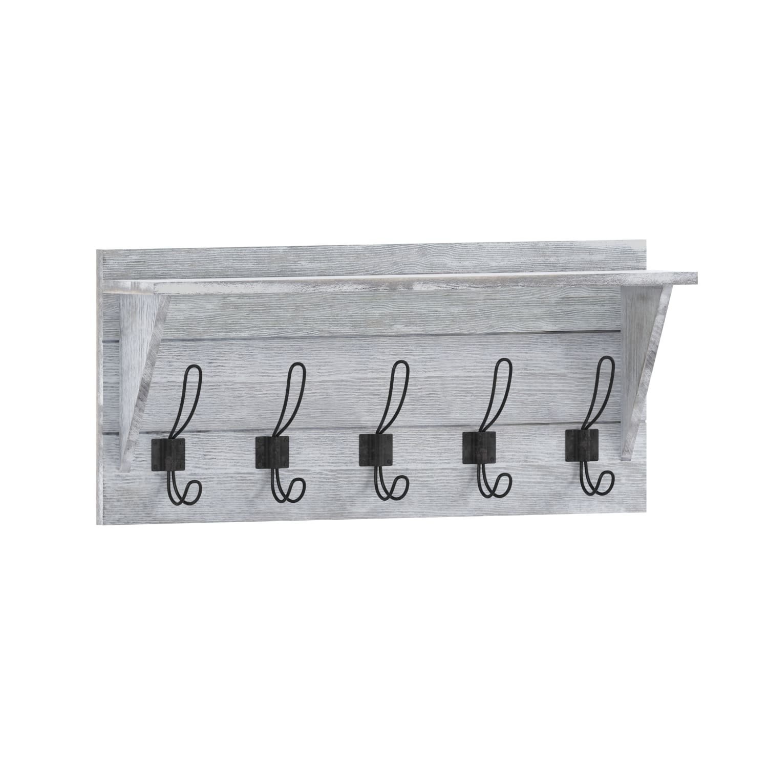 Flash Furniture Daly Wall-Mounted Solid Pine Wood Storage Rack With Upper Shelf And 5 Hanging Hooks, 10inH x 24inW x 4-5/16inD, White Wash - Image 3