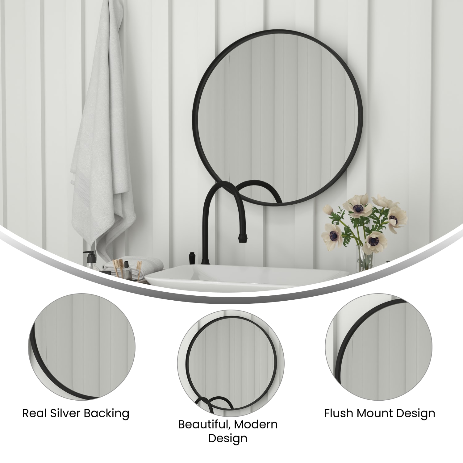 Flash Furniture Jennifer Round Metal-Framed Wall Mirror, 27-1/2inH x 27-1/2inW x 2inD, Black - Image 5