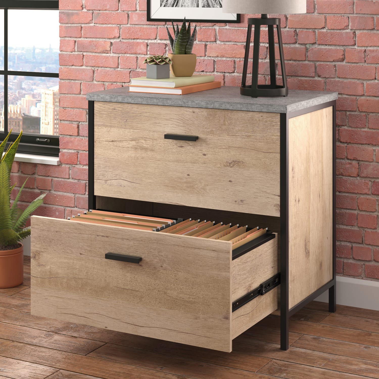 Sauder Market Commons 30inW x 18inD Lateral 2-Drawer File Cabinet, Prime Oak/Slate Gray - Image 6