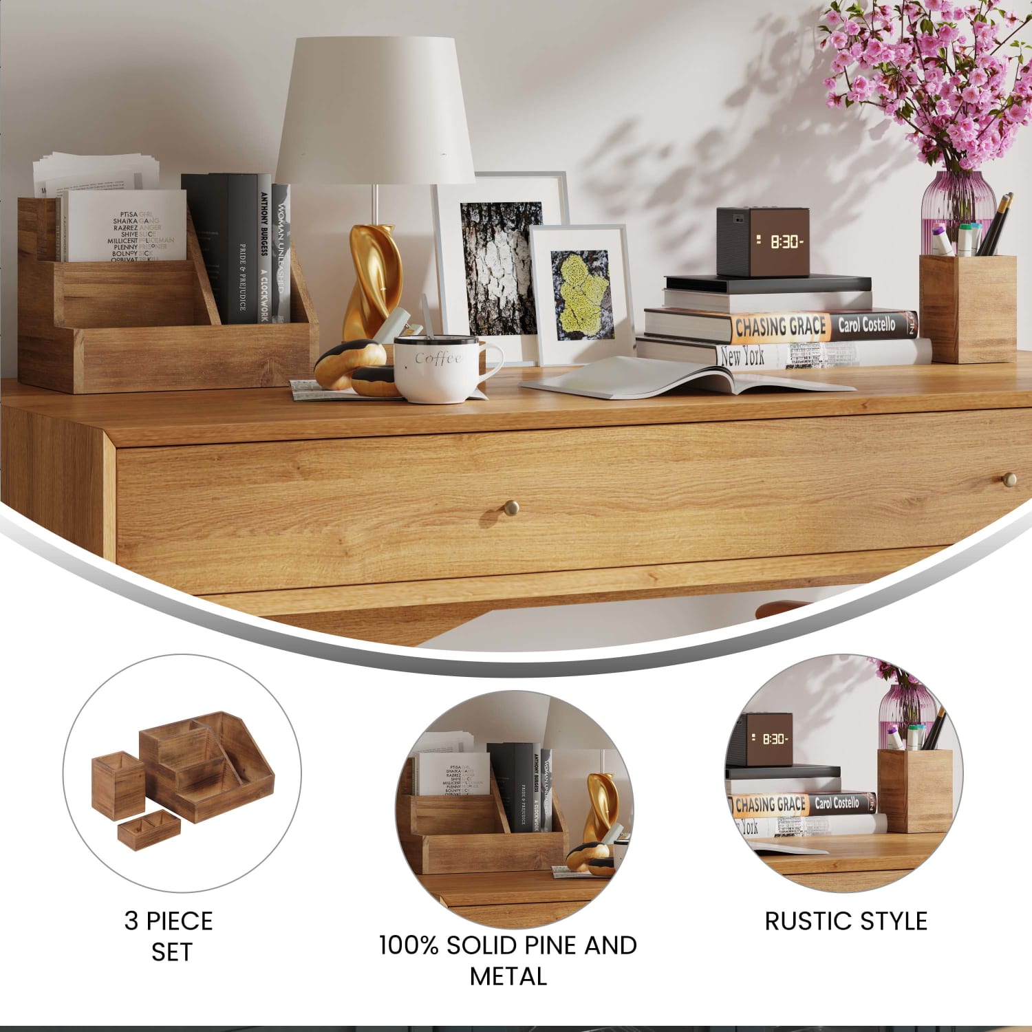 Flash Furniture Comerford 3-Piece Metal And Wood Organizer Set, Rustic Brown - Image 5