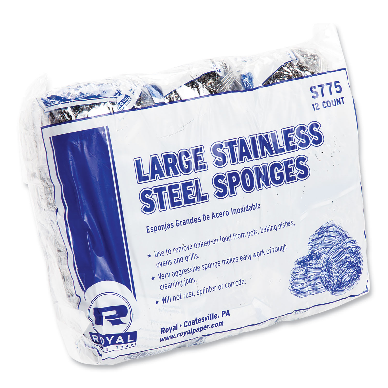 AmerCareRoyal Stainless Steel Sponge, Polybagged, 1.75 oz, Gray, 12/Pack, 6 Packs/Carton - Image 5