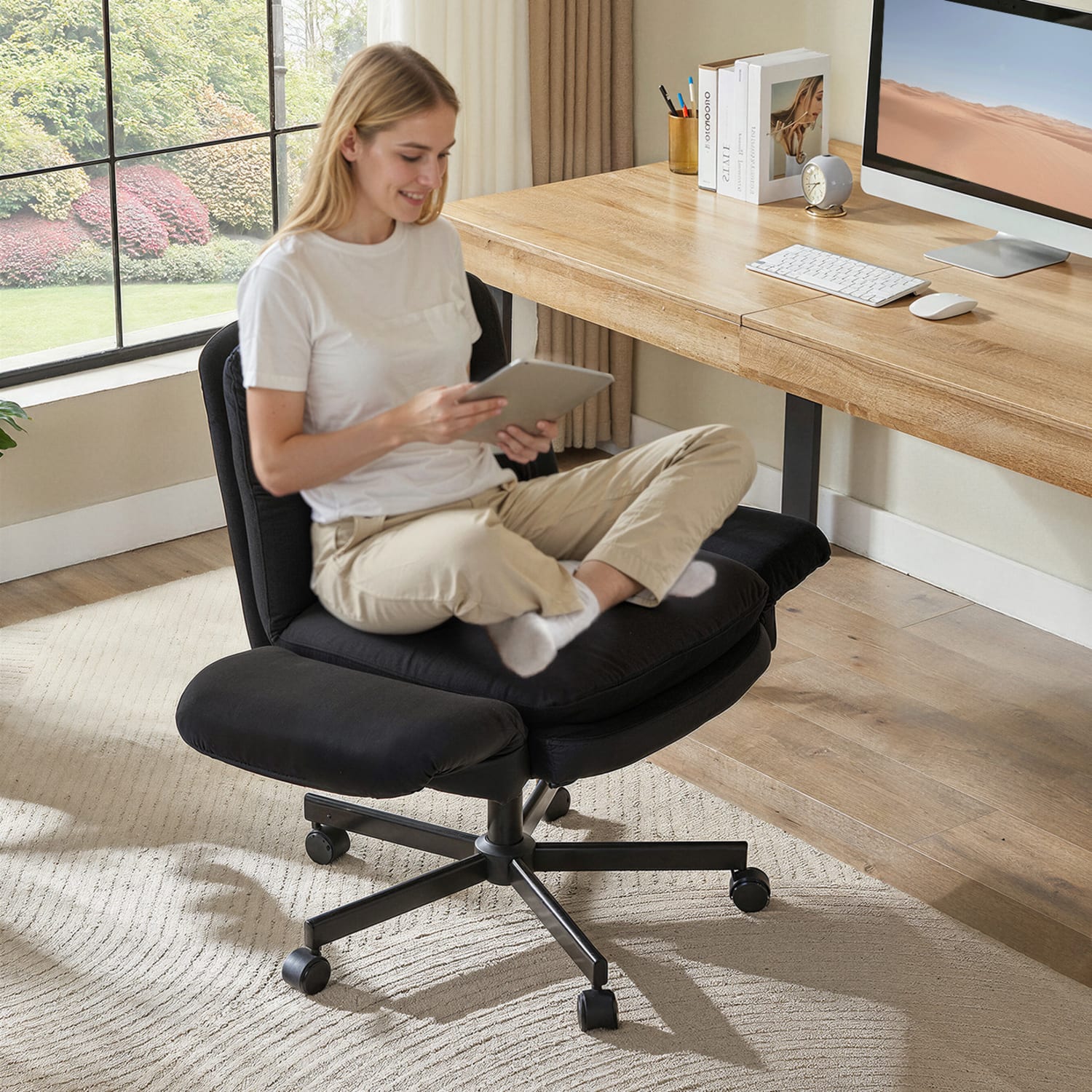 Bestier Ergonomic Velour Mid-Back Swivel Executive Task Chair, Black - Image 4