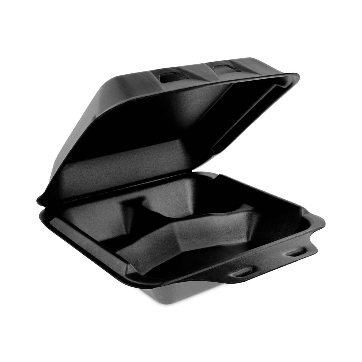 Pactiv Evergreen SmartLock Foam Hinged Lid Containers, Medium, 3-Compartment, 3inH x 8-1/8inW x 8-1/2inD, Black, Carton Of 150 Containers