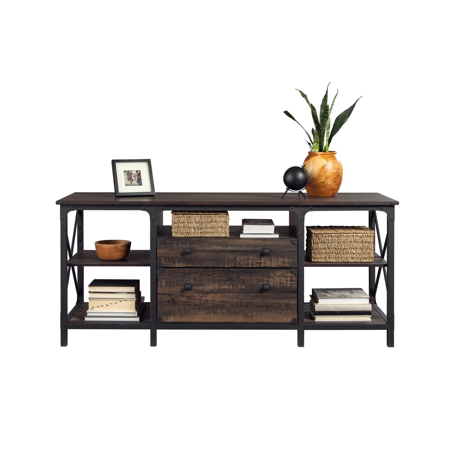 Sauder Steel River 67inW Computer Desk Credenza With Lateral File Drawer, Carbon Oak - Image 3