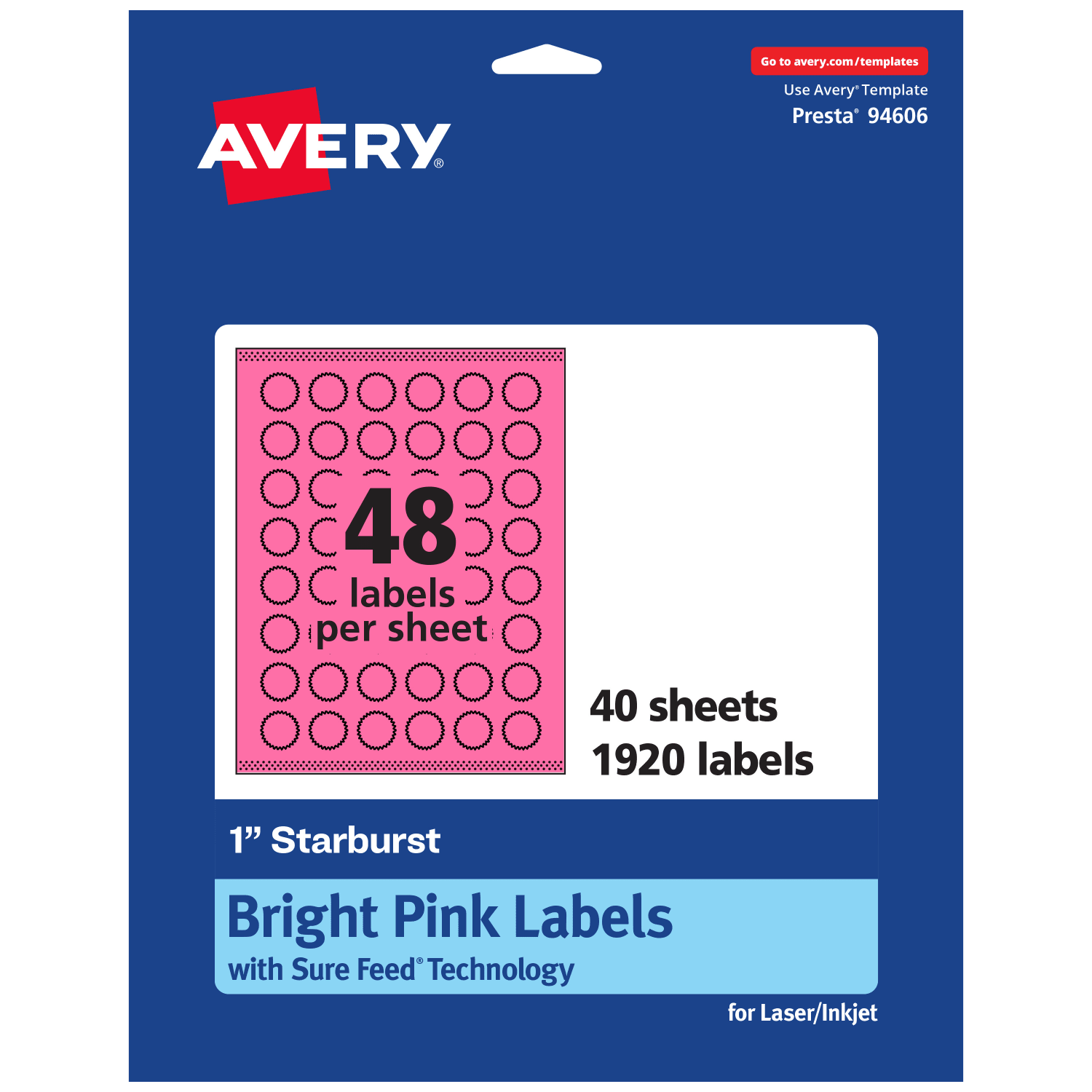 Avery Print-To-The-Edge Labels With Sure Feed Technology, 94606-BPP40, Starburst, 1in, Matte Bright Pink, Pack of 1920