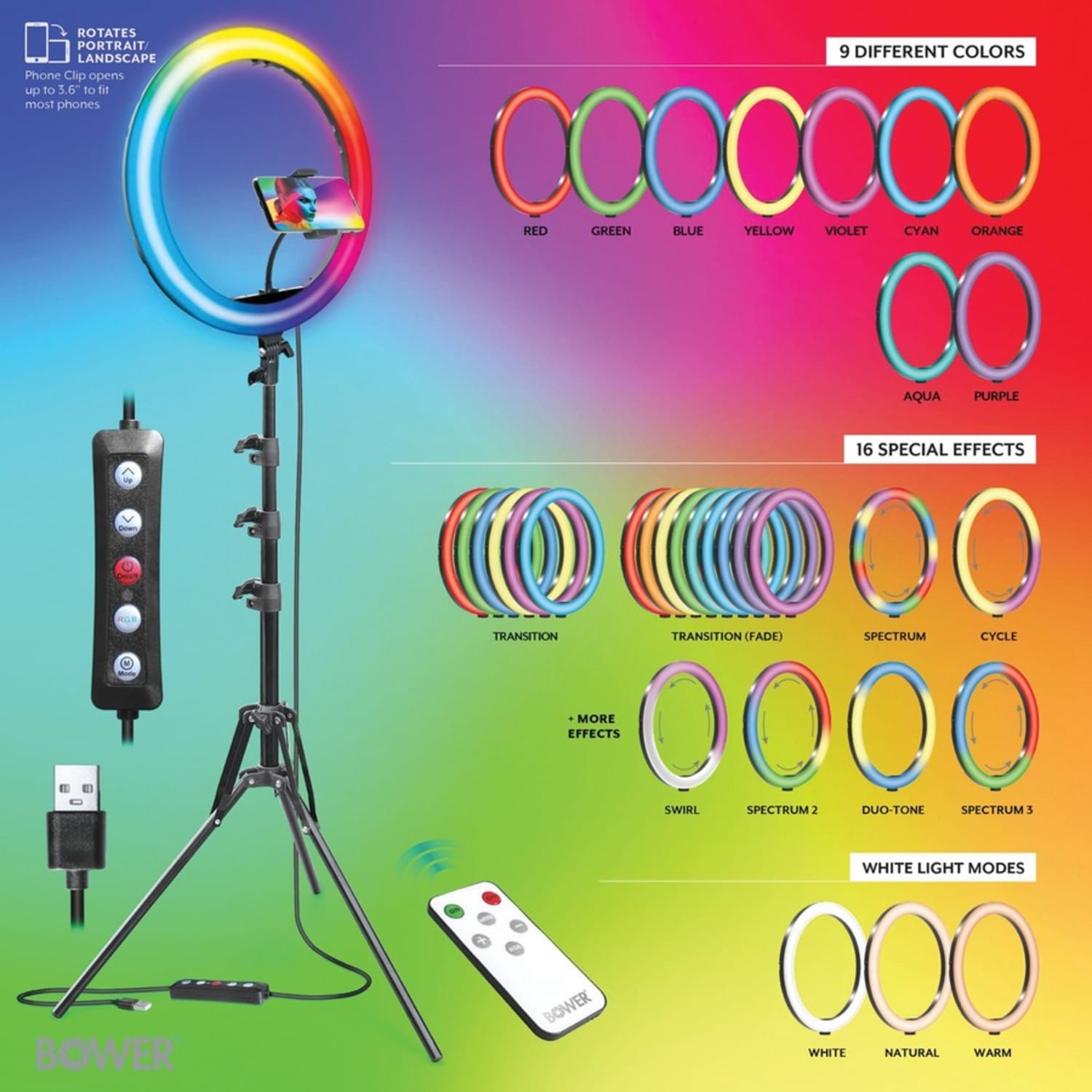 Bower RGB Selfie Ring Light Studio Kit With Wireless Remote Control & Tripod, 62inH, 10W, Black - Image 5