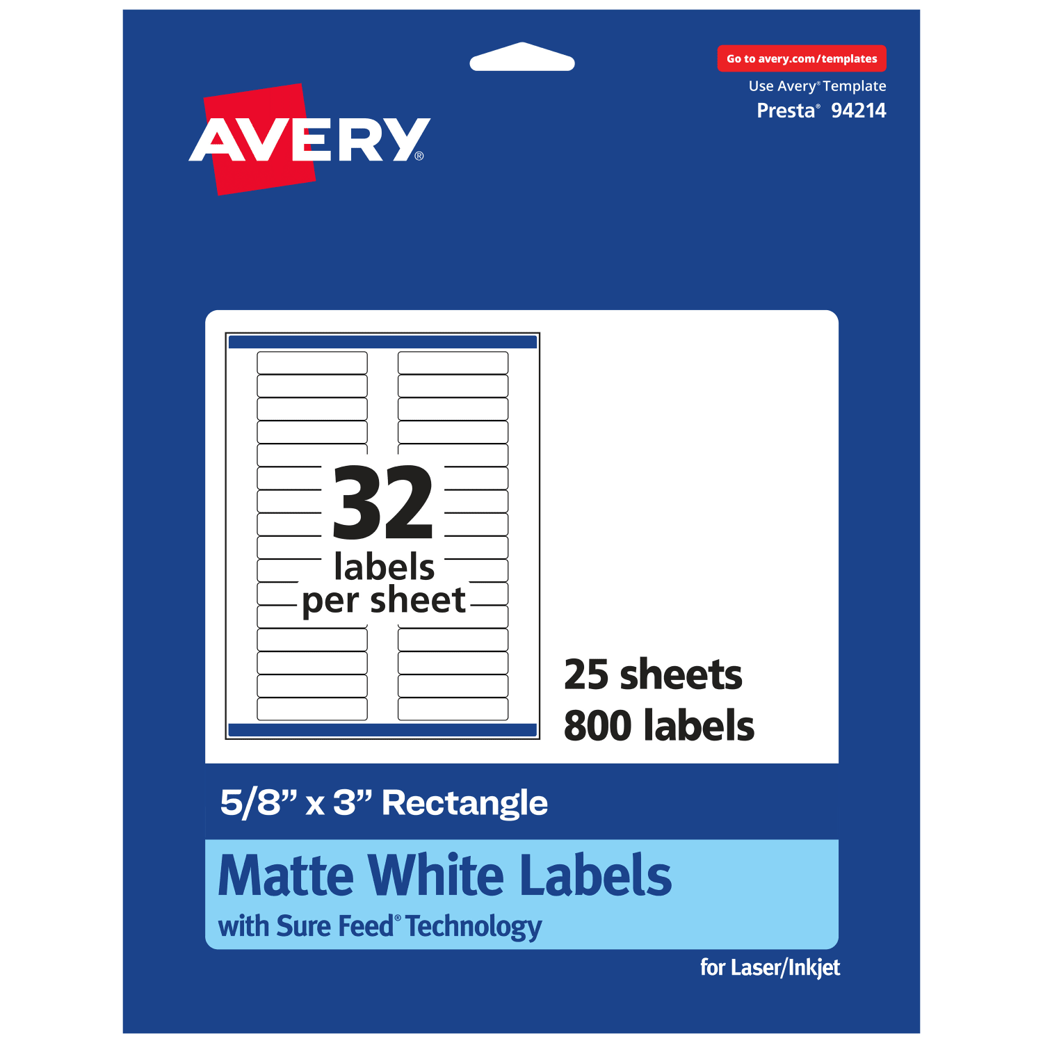 Avery Permanent Labels With Sure Feed, 94214-WMP25, Rectangle, 5/8in x 3in, White, Pack Of 800