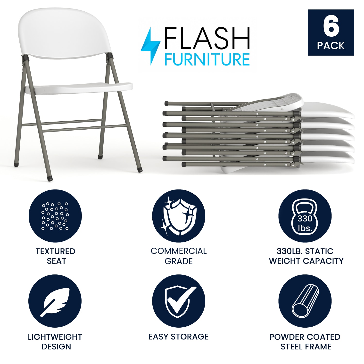 Flash Furniture Hercules Folding Chairs, Set Of 6 Folding Chairs, White/Gray - Image 3