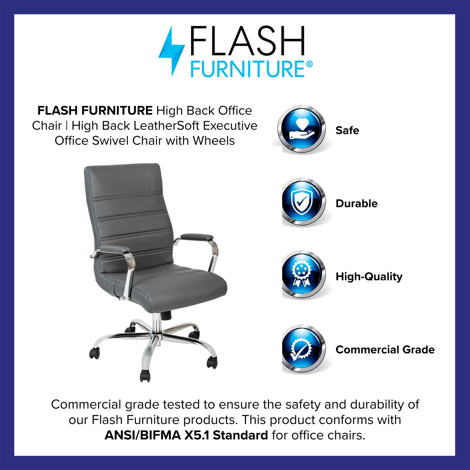 Flash Furniture LeatherSoft Faux Leather High-Back Office Chair, Gray/Chrome - Image 5
