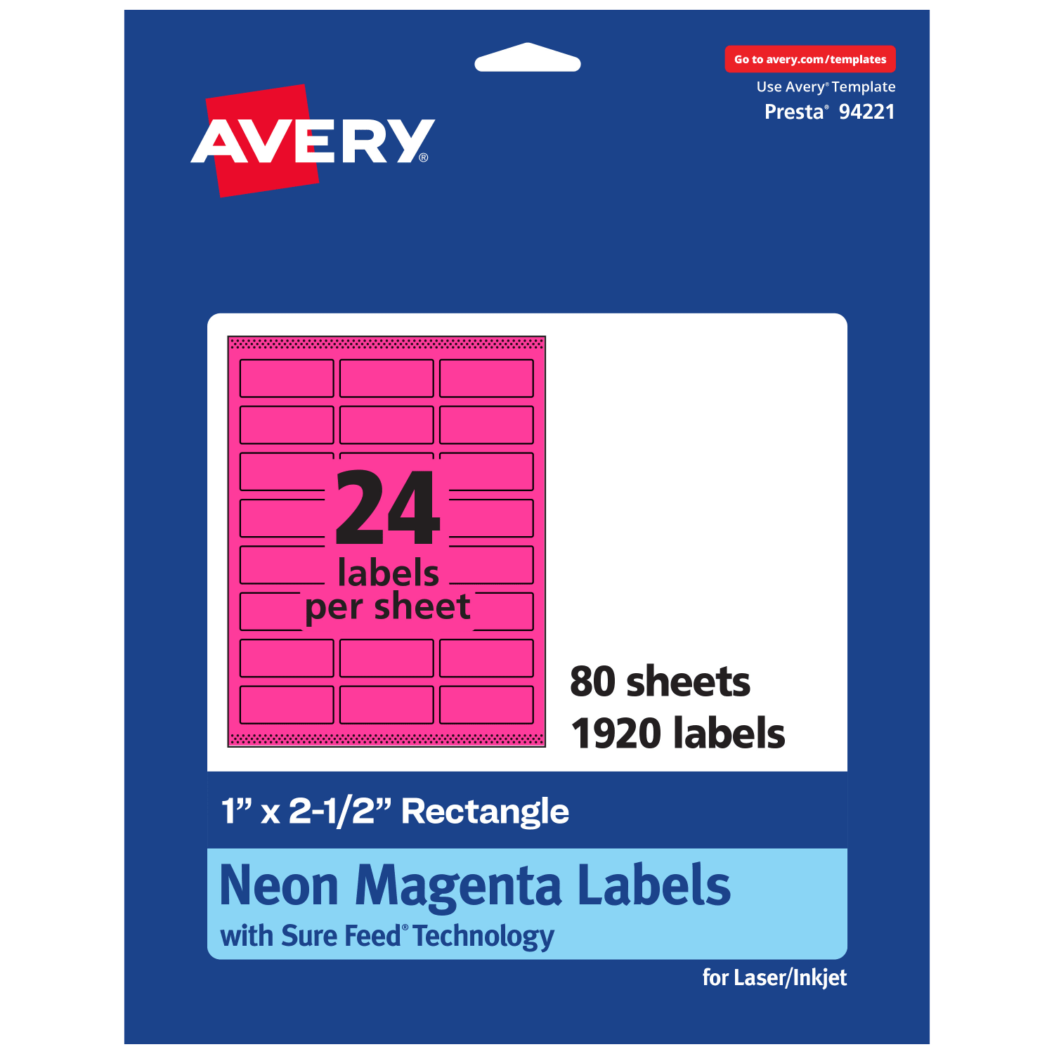 Avery Printable Labels With Sure Feed Technology, 94221-NMP80, Rectangle, 1in x 2-1/2in, Matte Neon Magenta, Pack of 1920