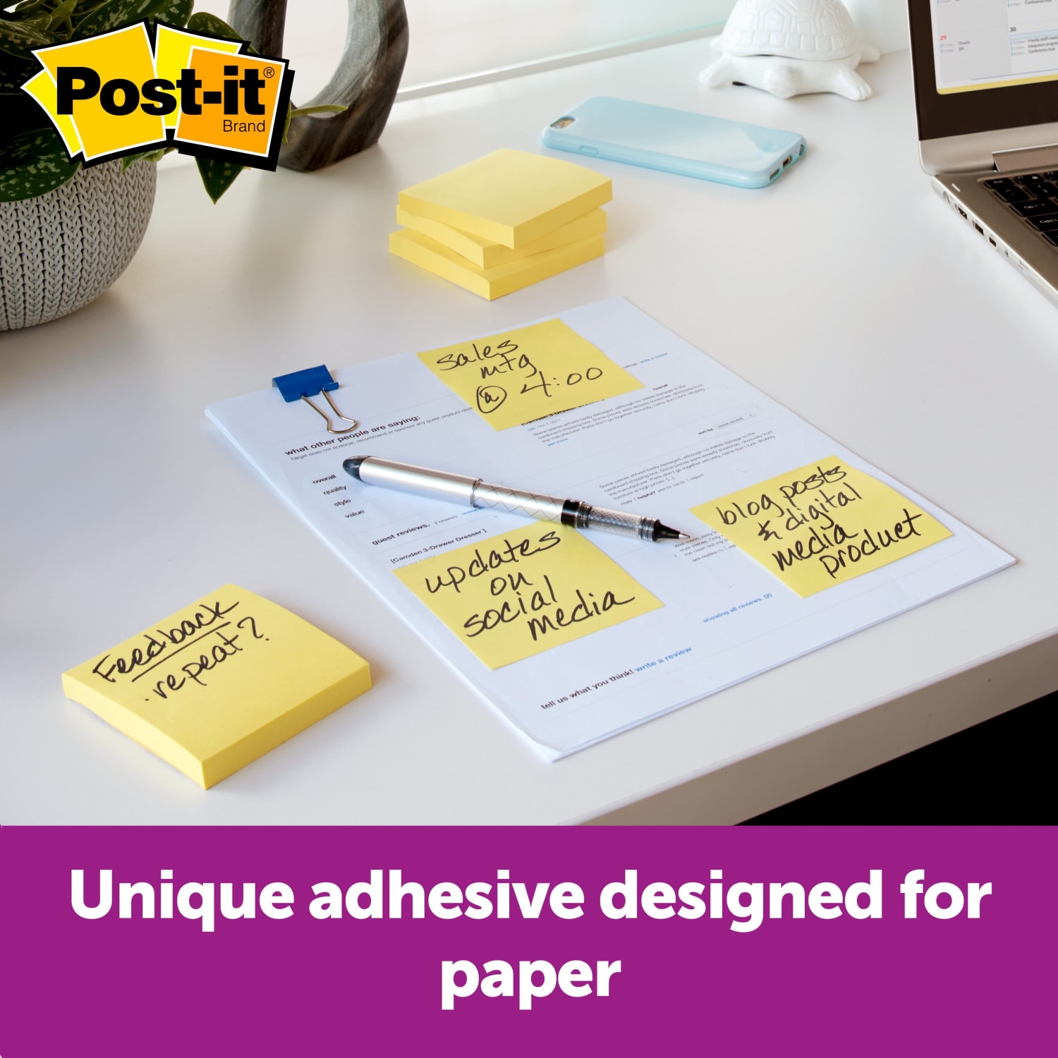 Post-it Notes, 3 in x 3 in, 24 Pads, 90 Sheets/Pad, Clean Removal, Canary Yellow - Image 3