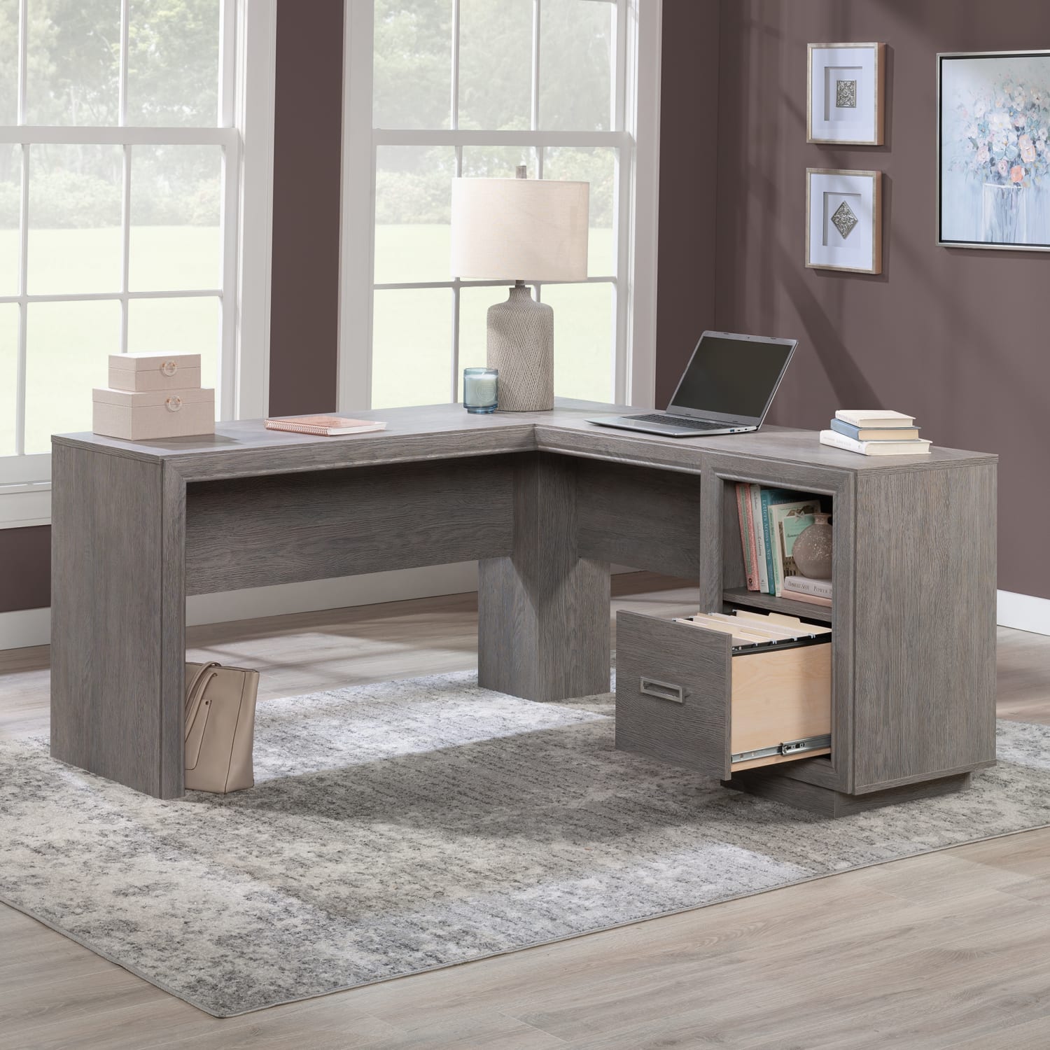 Sauder Hayes Garden L-Shaped Computer Desk With File Drawer, Ashen Oak - Image 4