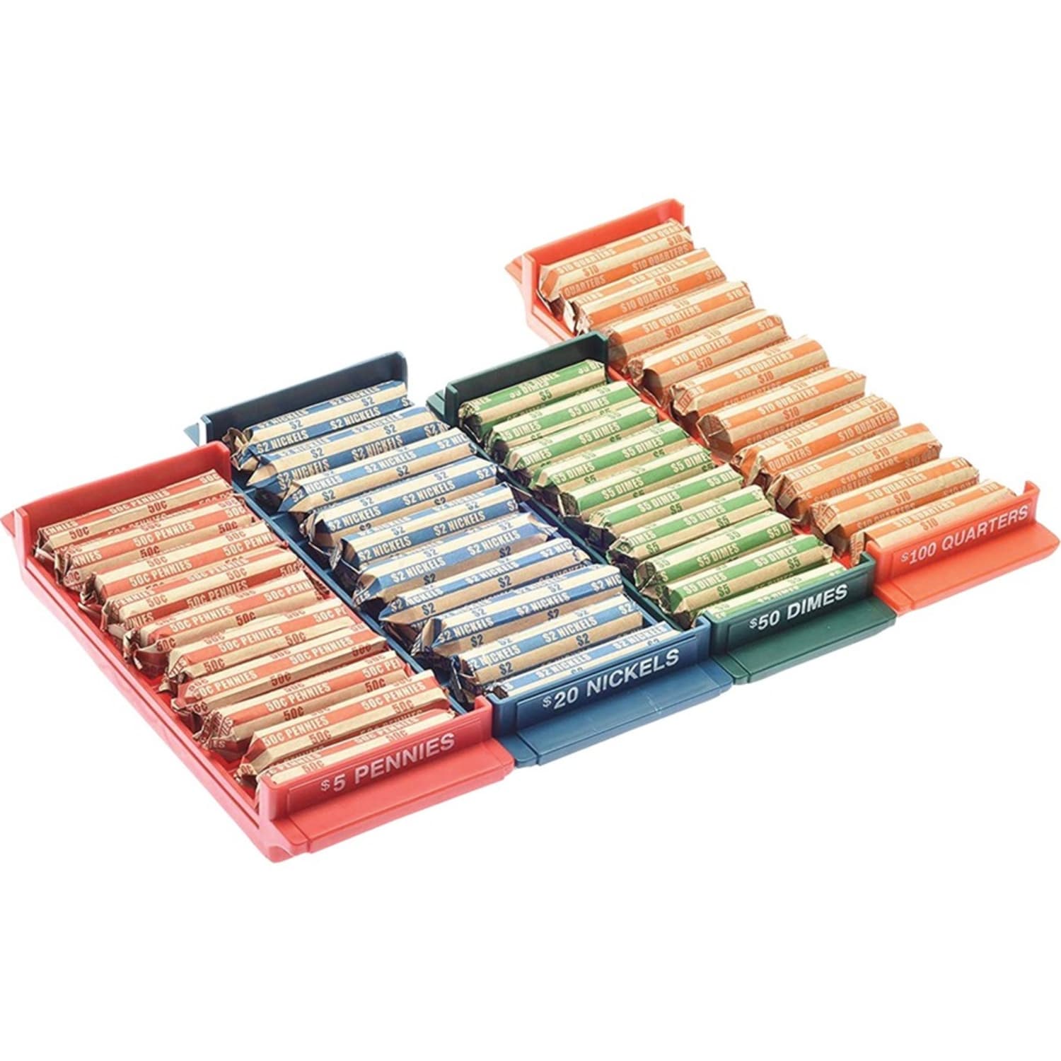 Nadex Coins NCS8-1009 Rolled Coin Storage Organizer Tray Set with Ridges for Loose Coins - 4 x Coin Tray - Orange, Green, Blue, Red - Image 6