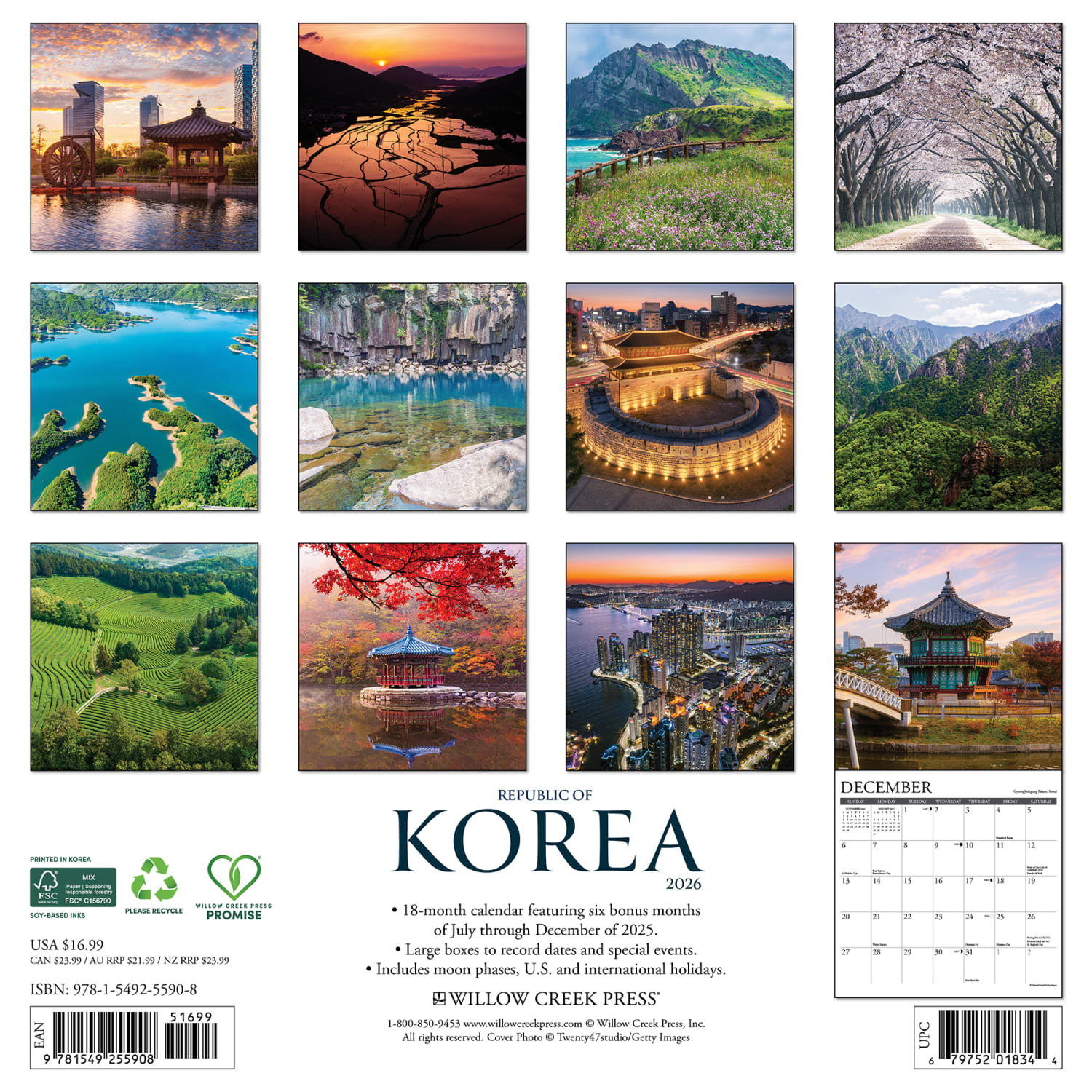 2026 Willow Creek Press Scenic Monthly Wall Calendar, 12in x 12in, Korea (Republic of), January To December, 55908 - Image 6