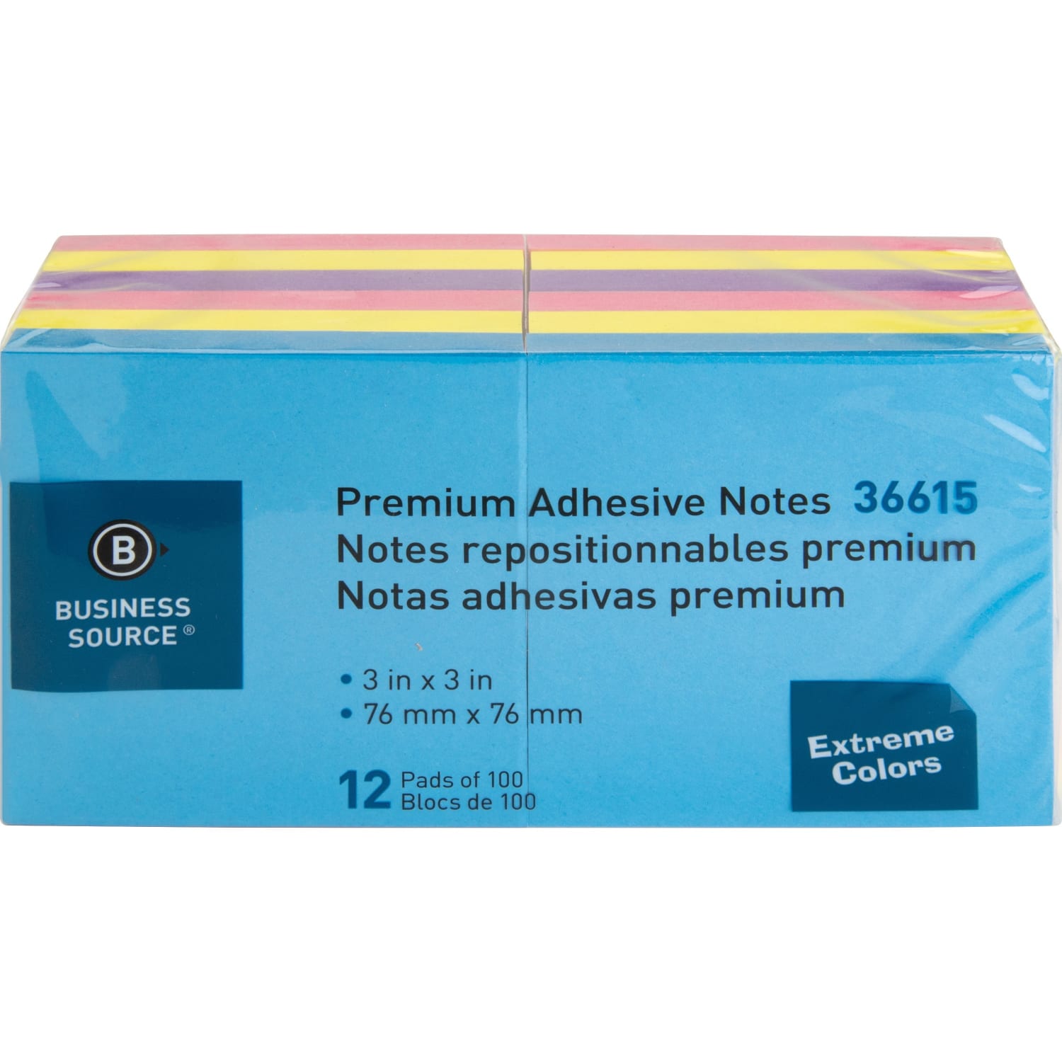 Business Source 3x3 Extreme Colors Adhesive Notes - 100 - 3in Flag/Notex 3in Flag/Note - Square - Assorted - 36615 - Image 3