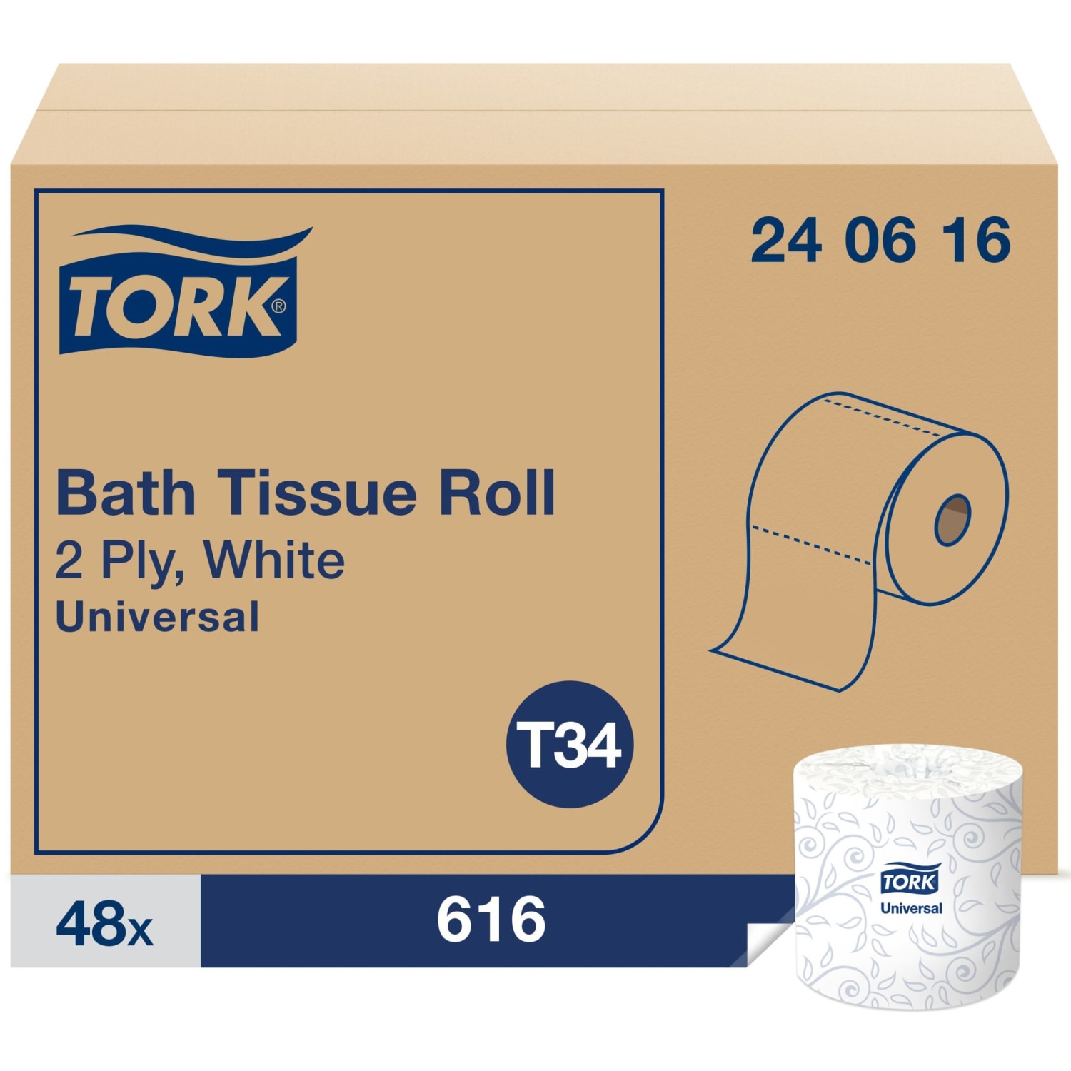 Tork Universal Bath Tissue Roll - 2 Ply - 3.75inx205.33 ft - 616 Sheets/Roll - 5in Roll Diameter - White - Fiber - Embossed, Soft, Absorbent -  - 0