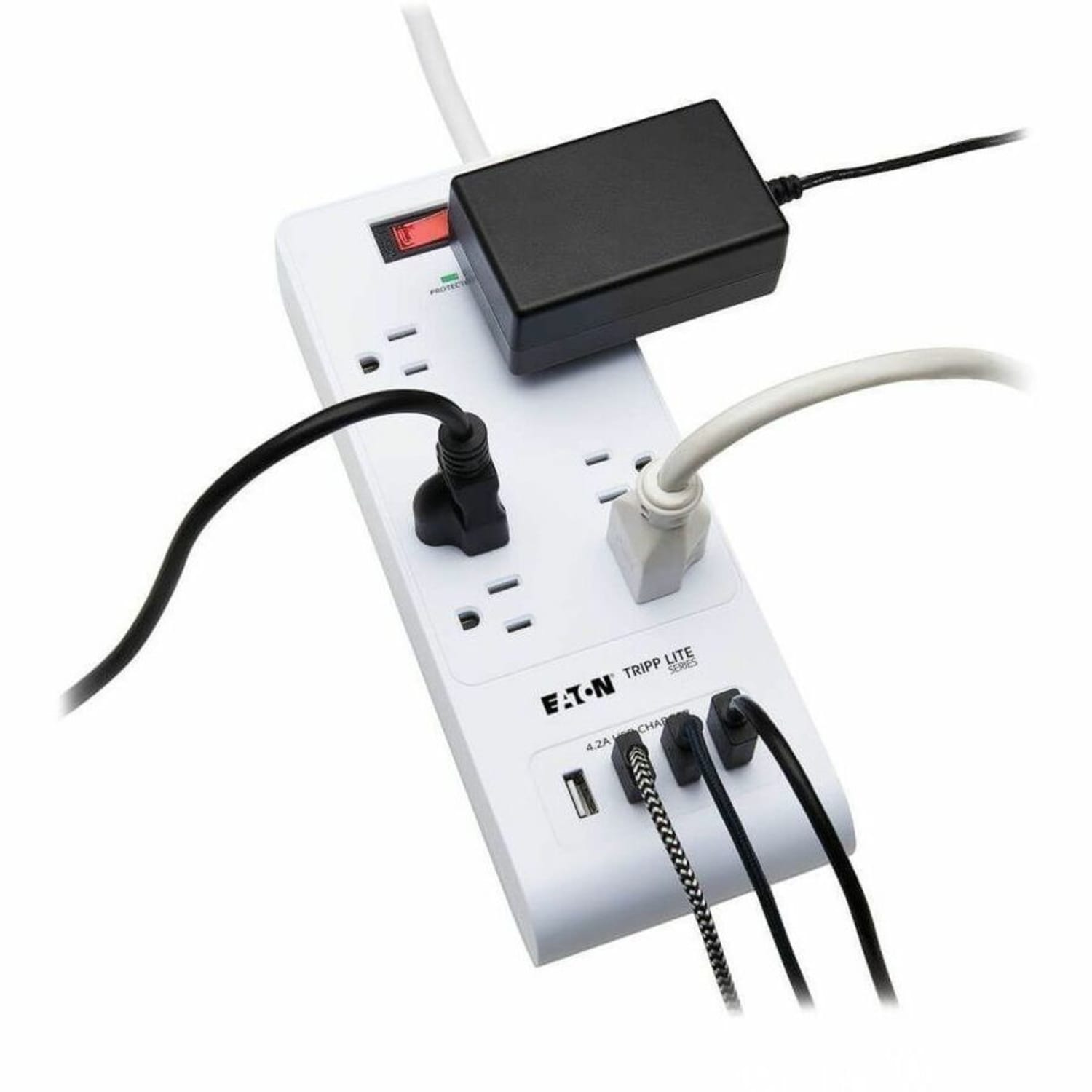 Eaton Tripp Lite Series 6-Outlet Surge Protector with 4 USB Ports (4.2A Shared) - 15 ft. Cord, 5-15P Plug, 900 Joules, White - TLP64USBRA15 - Image 4