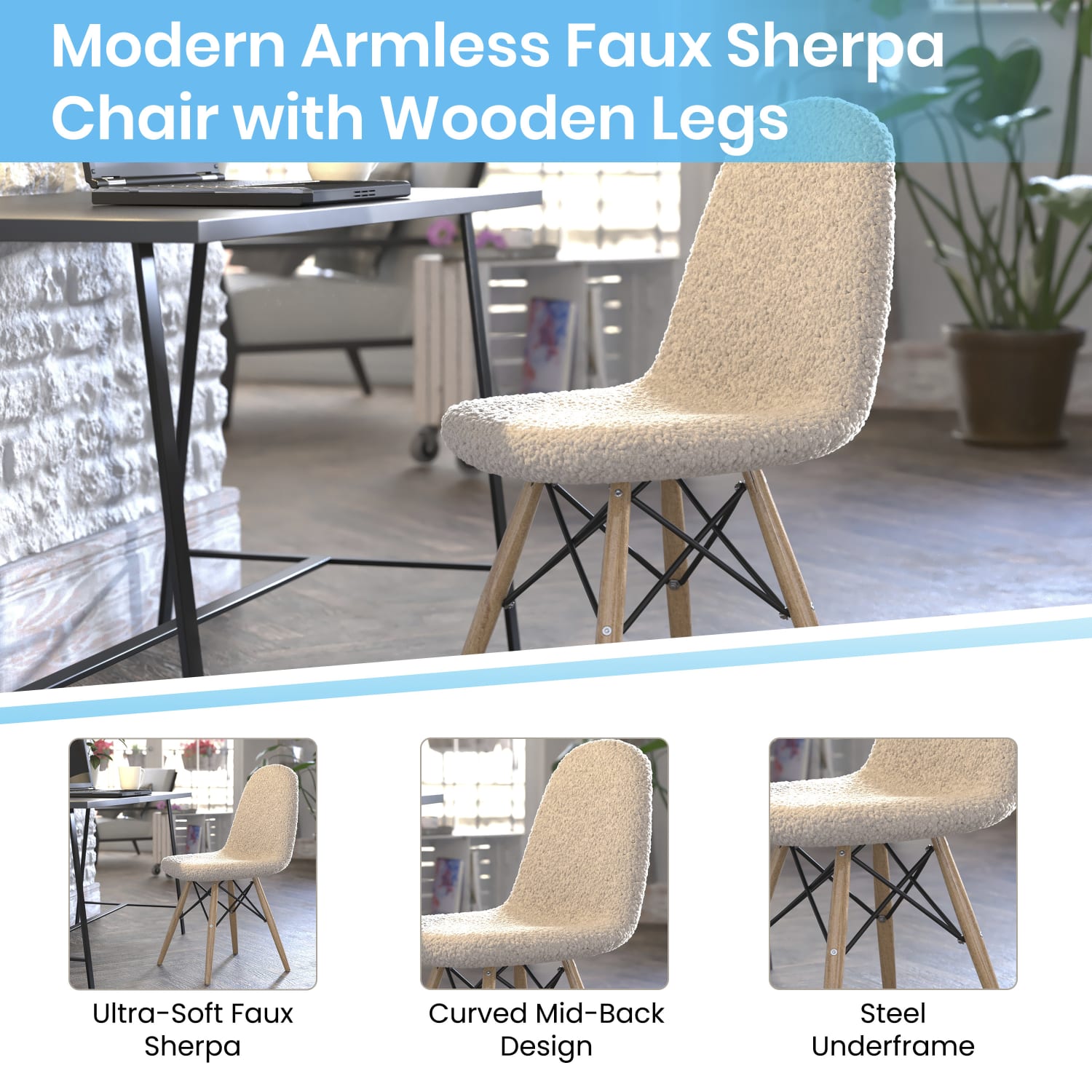 Flash Furniture Zula Modern Padded Armless Faux Shearling Accent Chair with Beechwood Legs, Off-White - Image 4