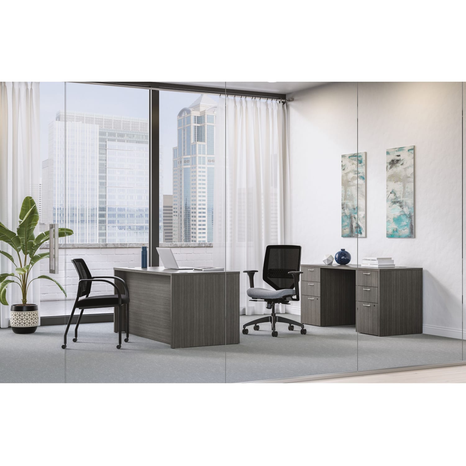 HON Mod 60inW Executive Workstation Computer Desk And Credenza, Slate Teak