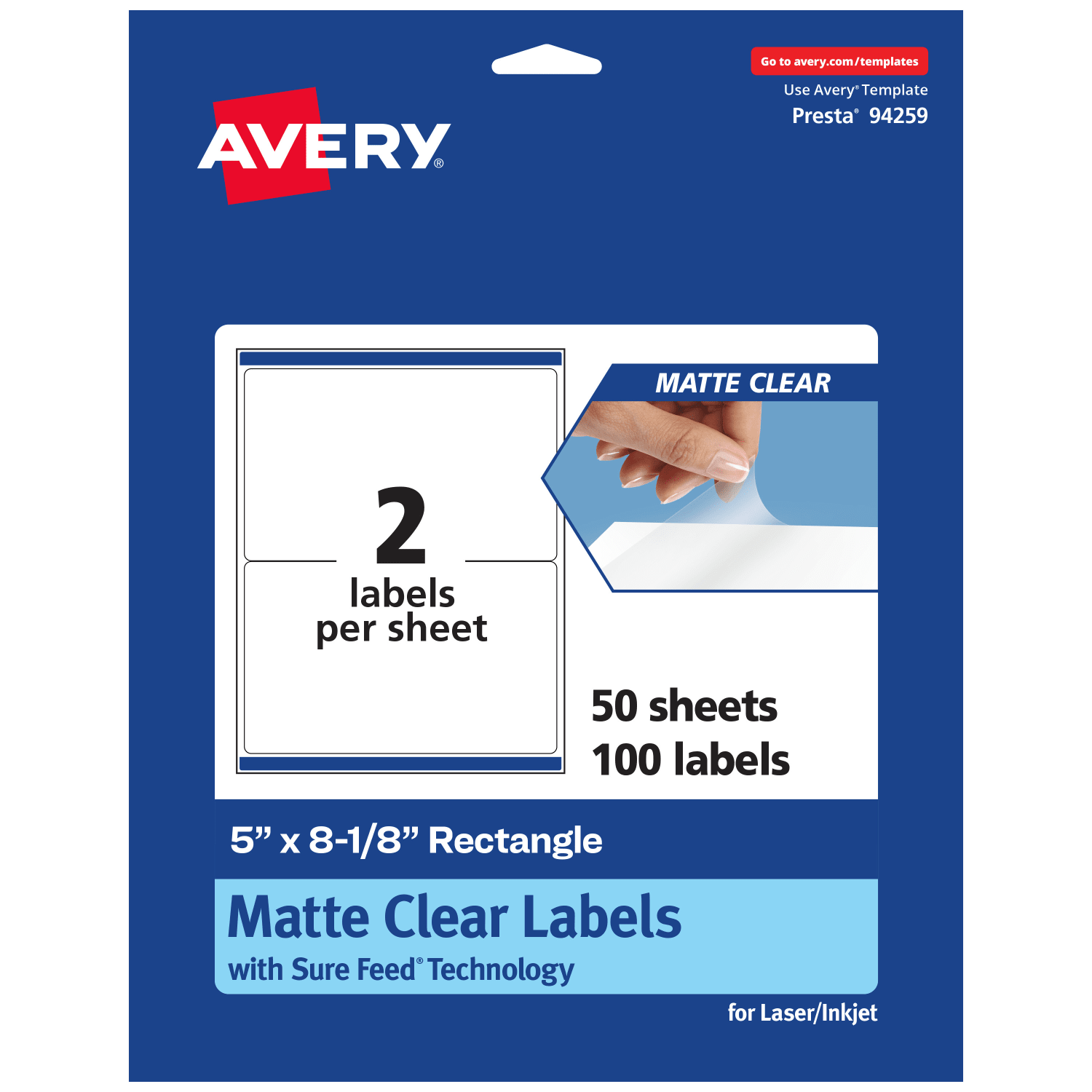 Avery Permanent Labels With Sure Feed, 94259-CMF50, Rectangle, 5in x 8-1/8in, Matte Clear, Pack Of 100