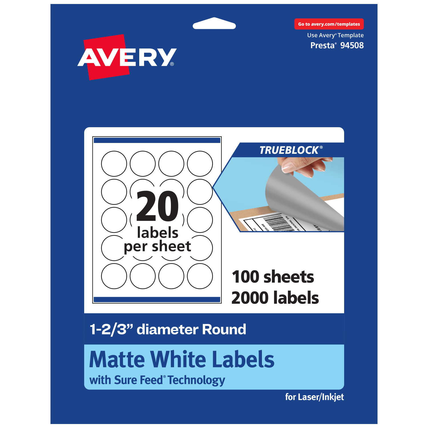 Avery Print-To-The-Edge TrueBlock Labels With Sure Feed, 94508-TWMP100, Round, 1-2/3in, Matte White, Pack Of 2000