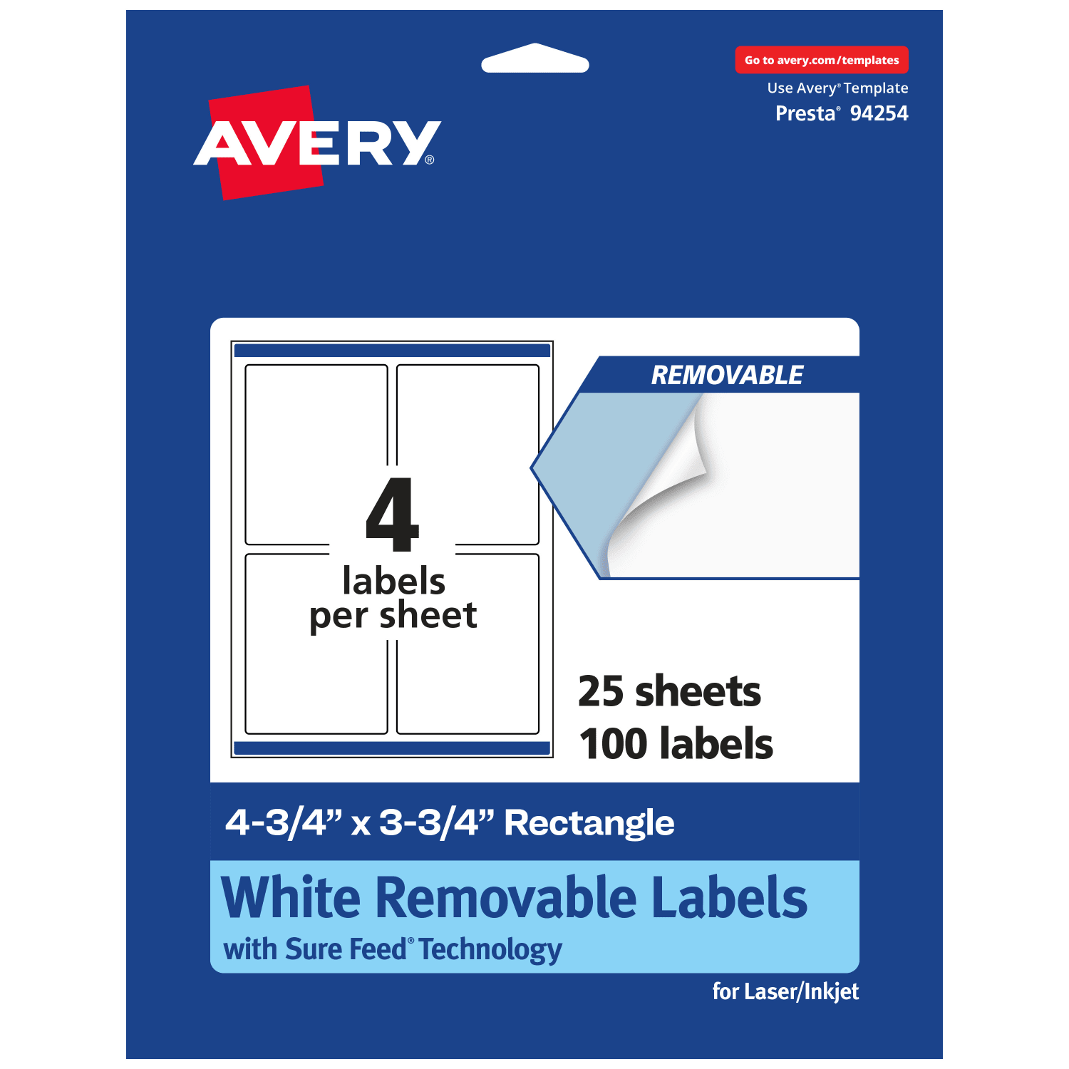 Avery Removable Labels With Sure Feed, 94254-RMP25, Rectangle, 4-3/4in x 3-3/4in, White, Pack Of 100 Labels