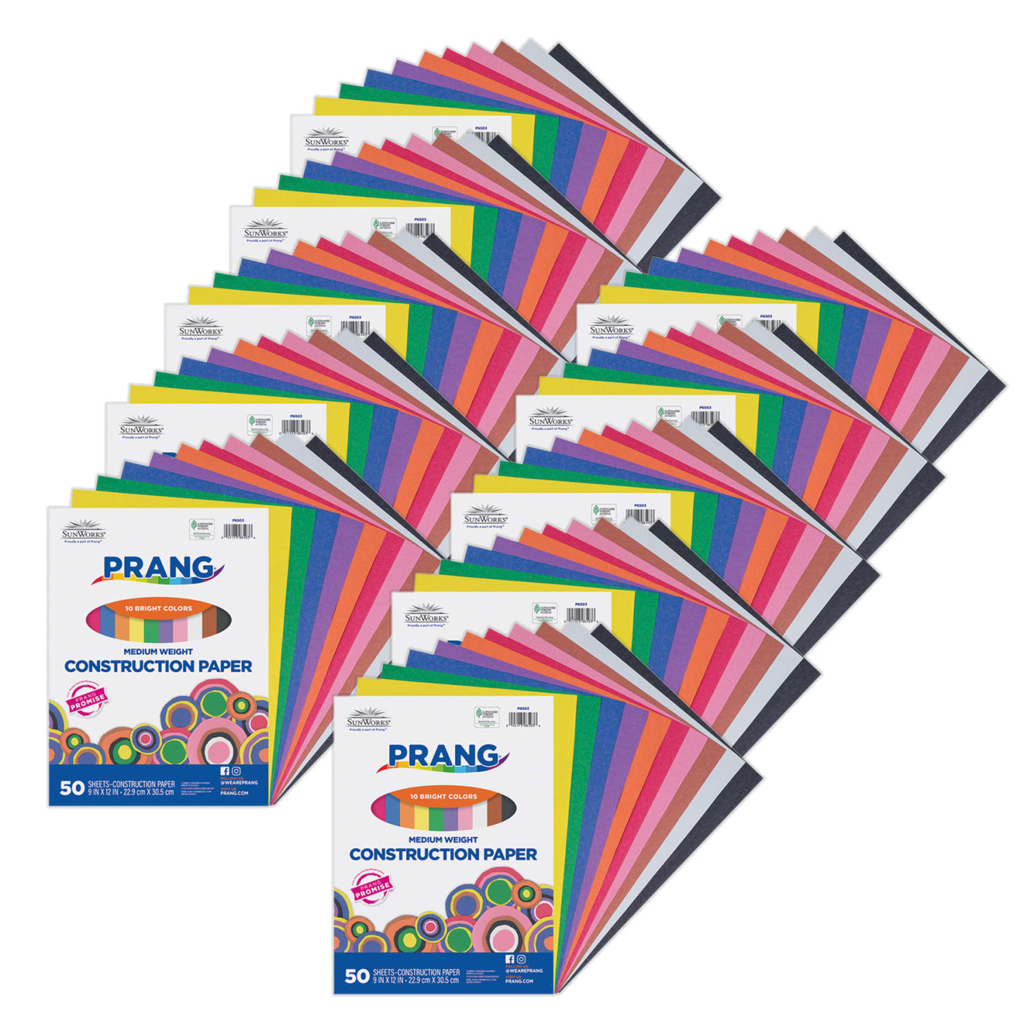 Prang Construction Paper, Medium Weight, 9in x 12in, 10 Assorted Colors, 50 Sheets Per Pack, Set Of 10 Packs