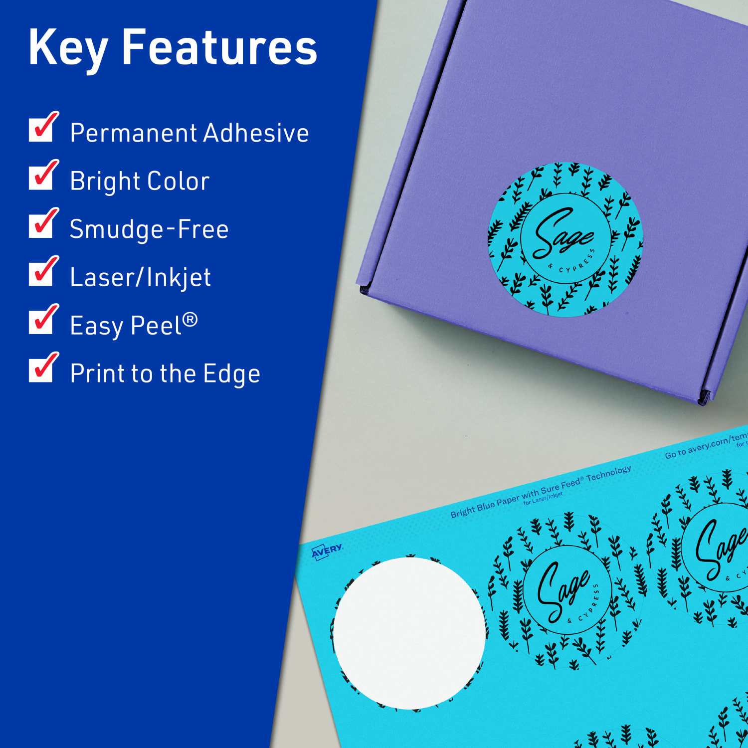 Avery Print-To-The-Edge Labels With Sure Feed Technology And Easy Peel Label Feature, 94512-BBP80, Round, 2-3/4in, Matte Bright Blue, Pack of 480 - Image 3