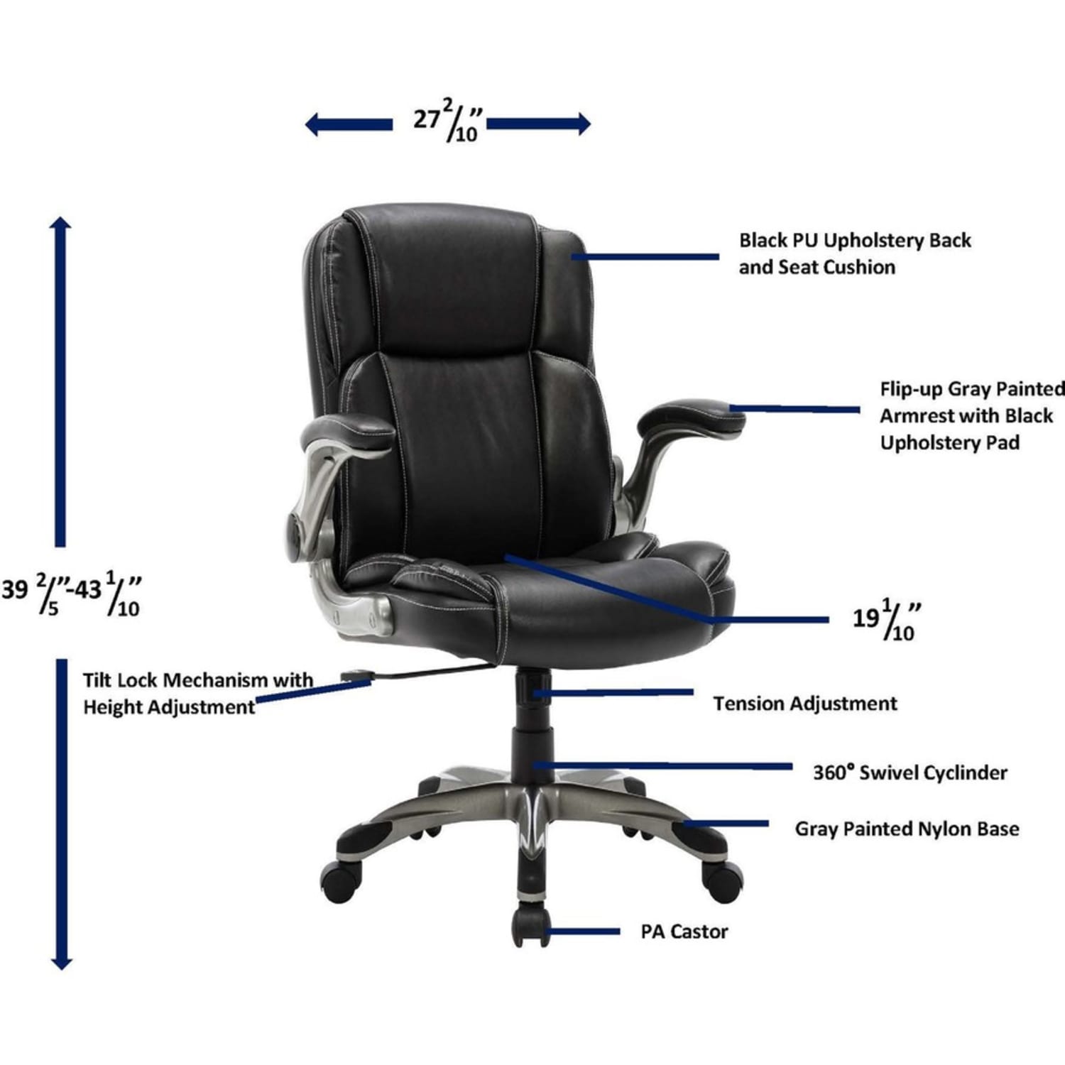 LYS NuSparc Flip Armrest Mid Back Leather Chair BlackSilver PopularChairscom