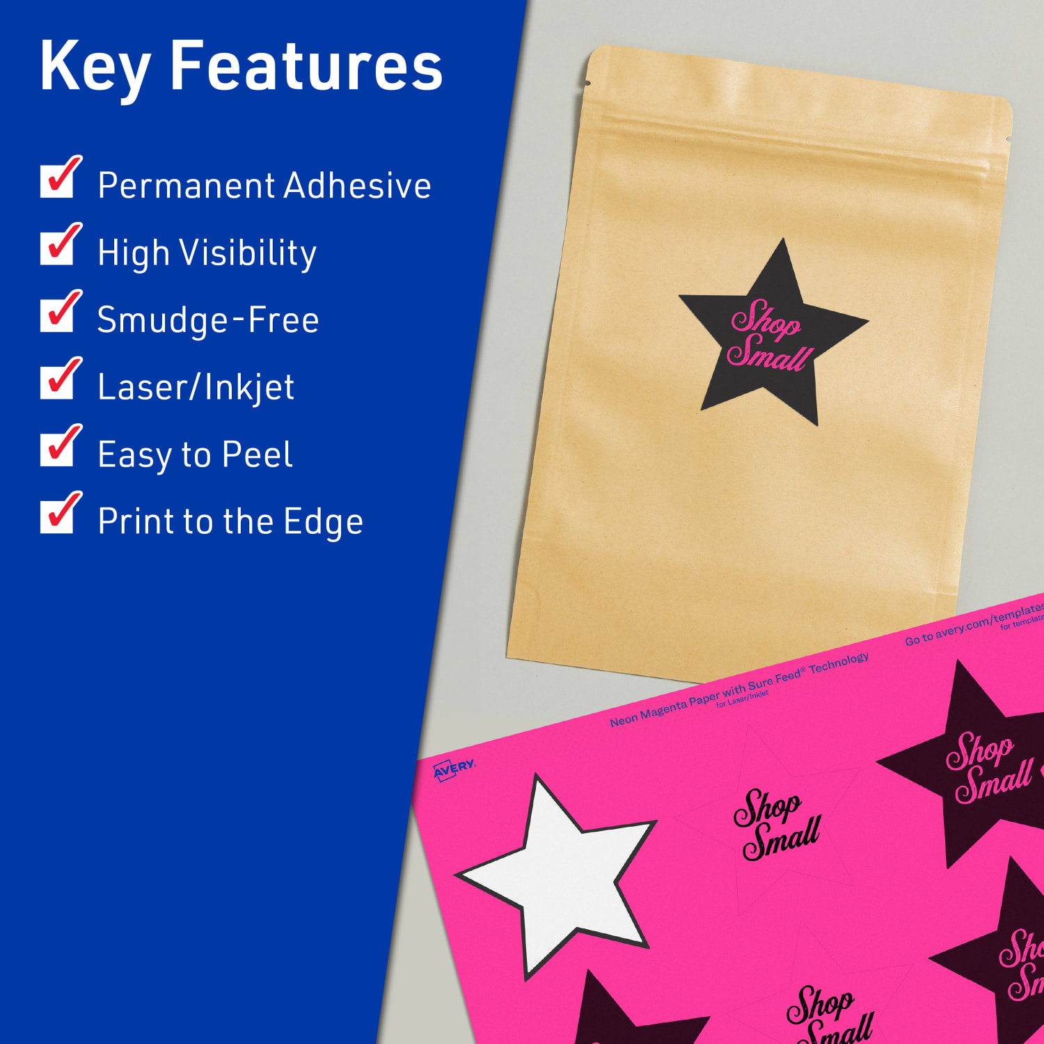 Avery Print-To-The-Edge Labels With Sure Feed Technology, 94611-NMP20, Star, 2-1/4in x 2-3/8in, Matte Neon Magenta, Pack of 240 - Image 3