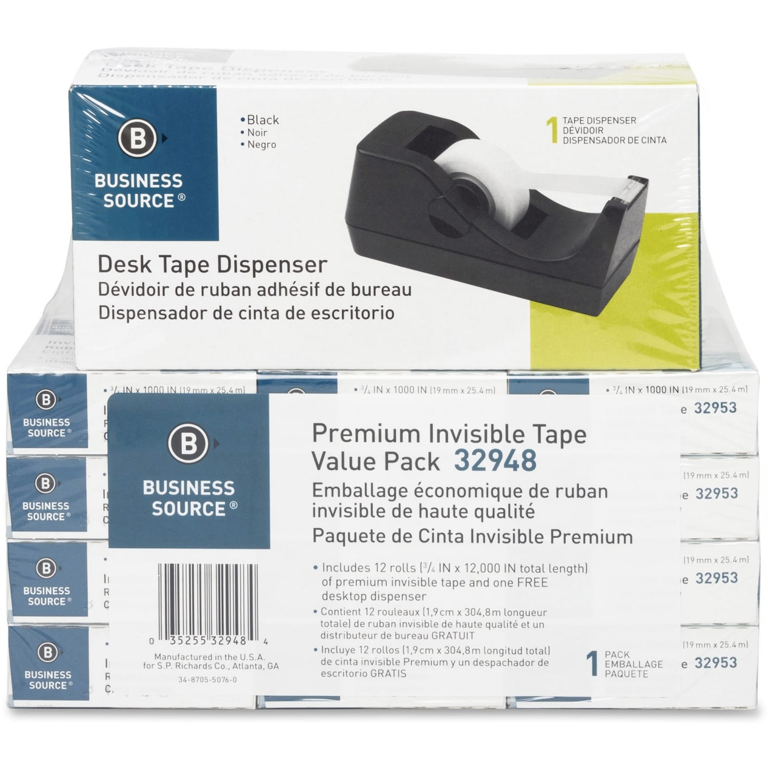 Business Source Invisible Tape Dispenser Value Pack - 27.78 yd x 0.75in- 1in Core - Acetate - Dispenser Included - Desktop Dispenser - 12 / Pack - Clear