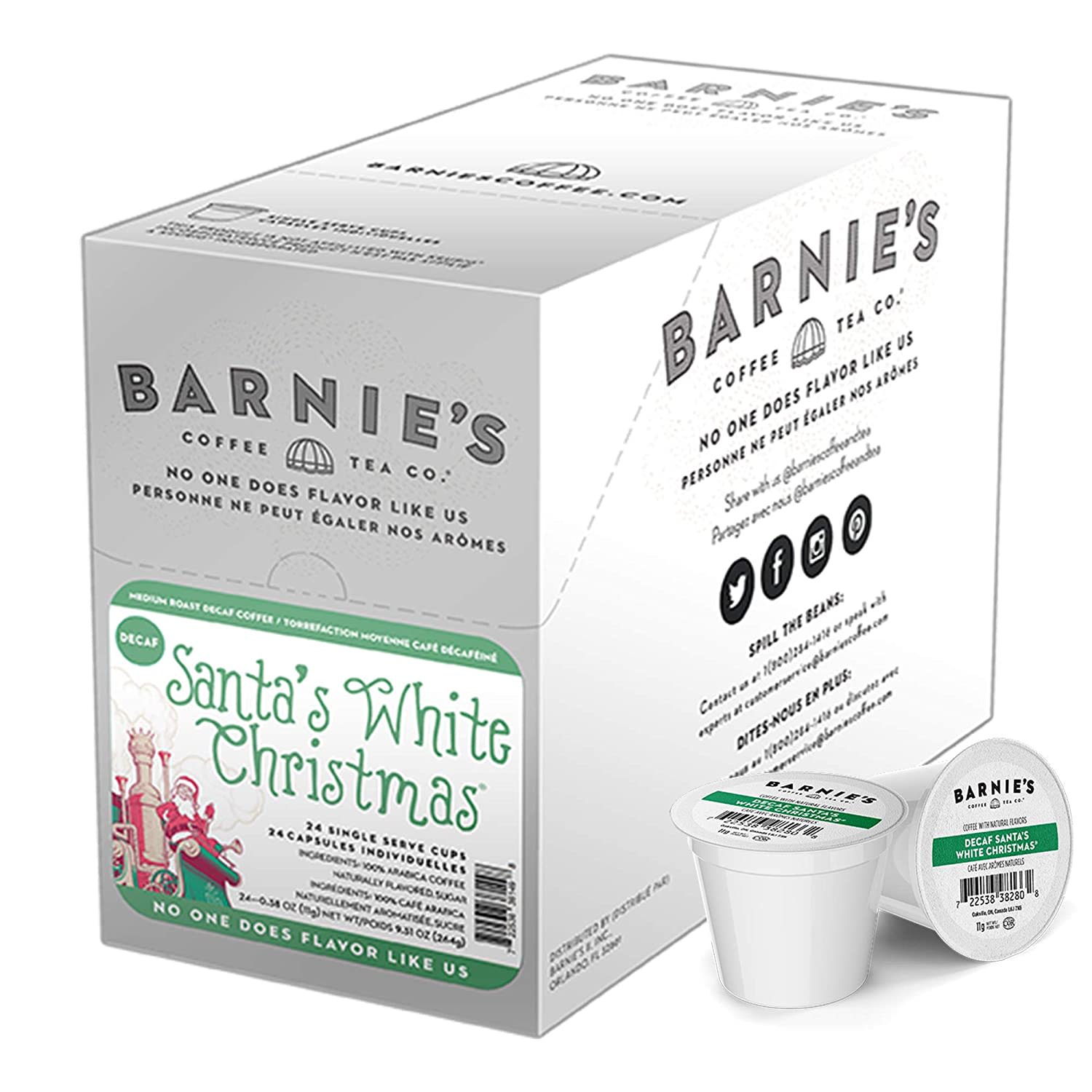 Barnies Coffee & Tea Co. Single Serve K Cup Decaf Coffee Pods, Santas White Christmas, Box Of 24 Pods