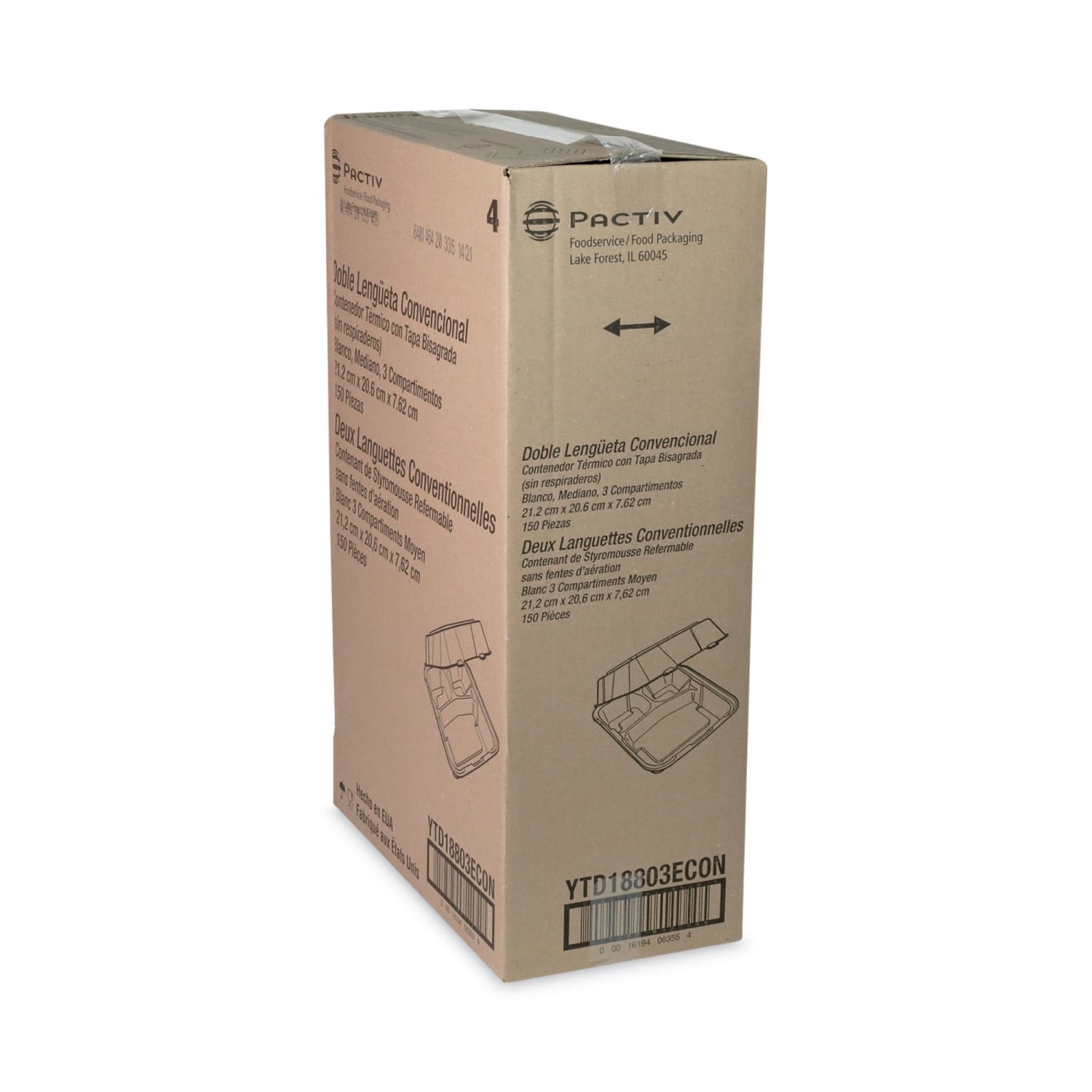 Pactiv Evergreen Vented Foam Hinged Lid Containers, 3-Compartment, Dual Tab Lock Economy, 3inH x 8-7/16inW x 8-3/16inD, White, Carton Of 150 Containers - Image 3