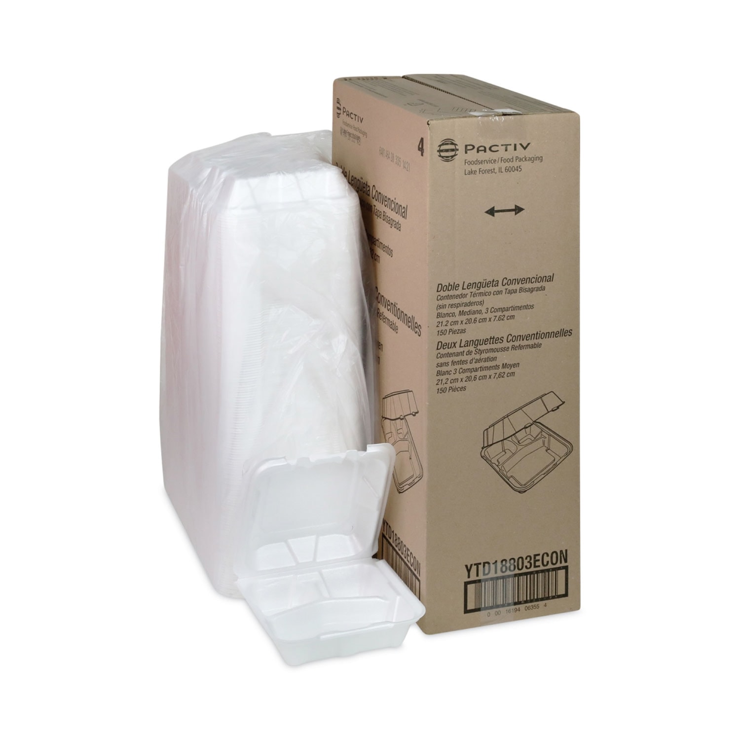 Pactiv Evergreen Vented Foam Hinged Lid Containers, 3-Compartment, Dual Tab Lock Economy, 3inH x 8-7/16inW x 8-3/16inD, White, Carton Of 150 Containers - Image 5