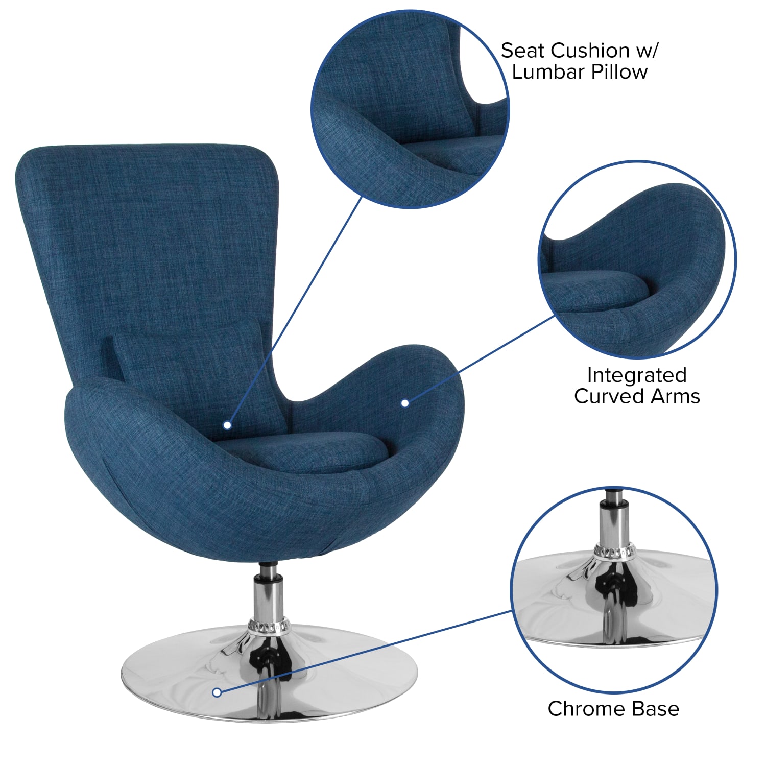 Flash Furniture Egg Side Reception Chair With Bowed Seat BlueChrome PopularChairscom