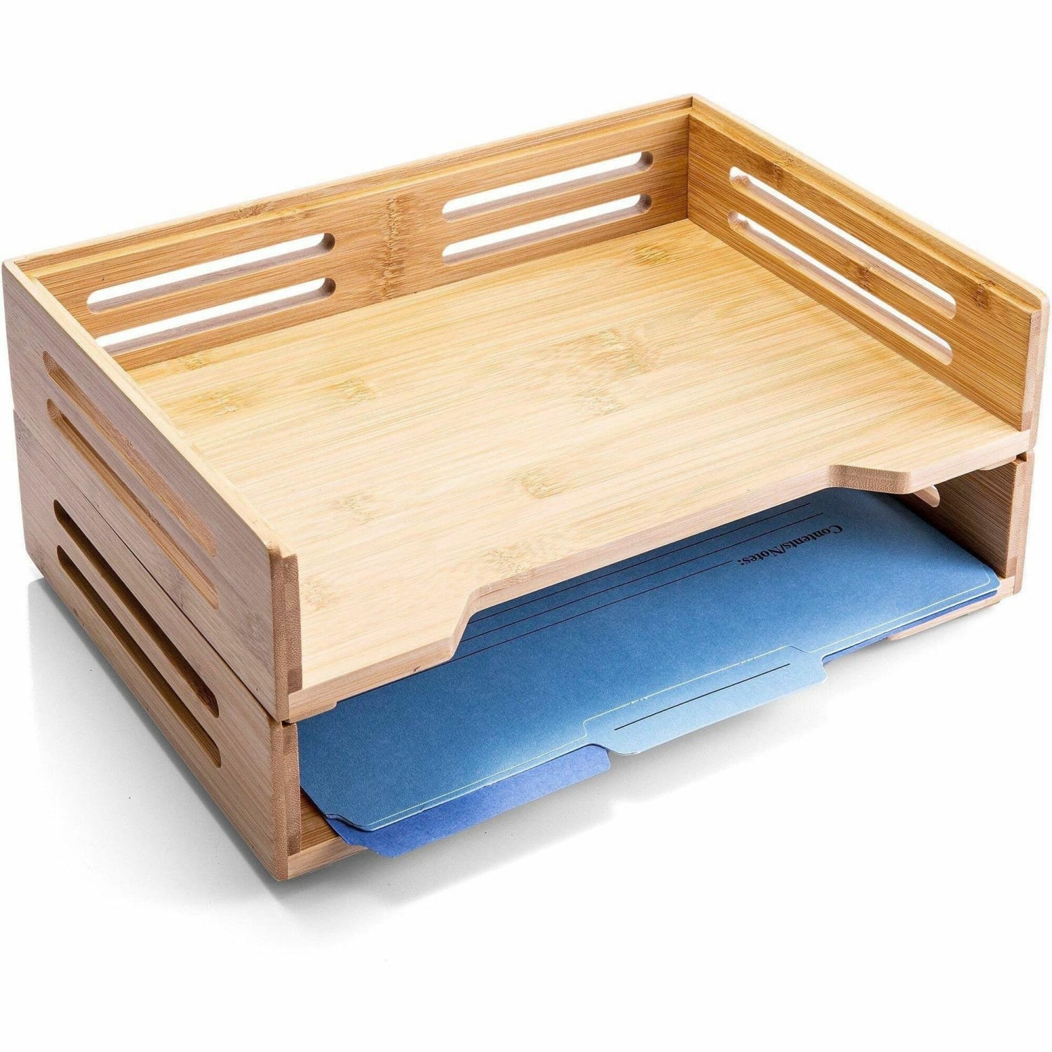 Officemate Bamboo Stackable Side Load Letter Trays, 4-1/2inH x 14-1/8inW x 10-1/2inD, Natural, Pack Of 2 Trays