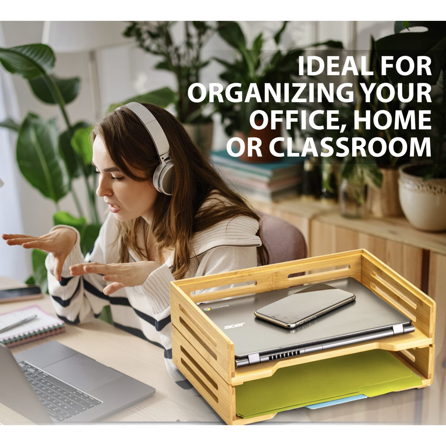 Officemate Bamboo Stackable Side Load Letter Trays, 4-1/2inH x 14-1/8inW x 10-1/2inD, Natural, Pack Of 2 Trays - Image 3