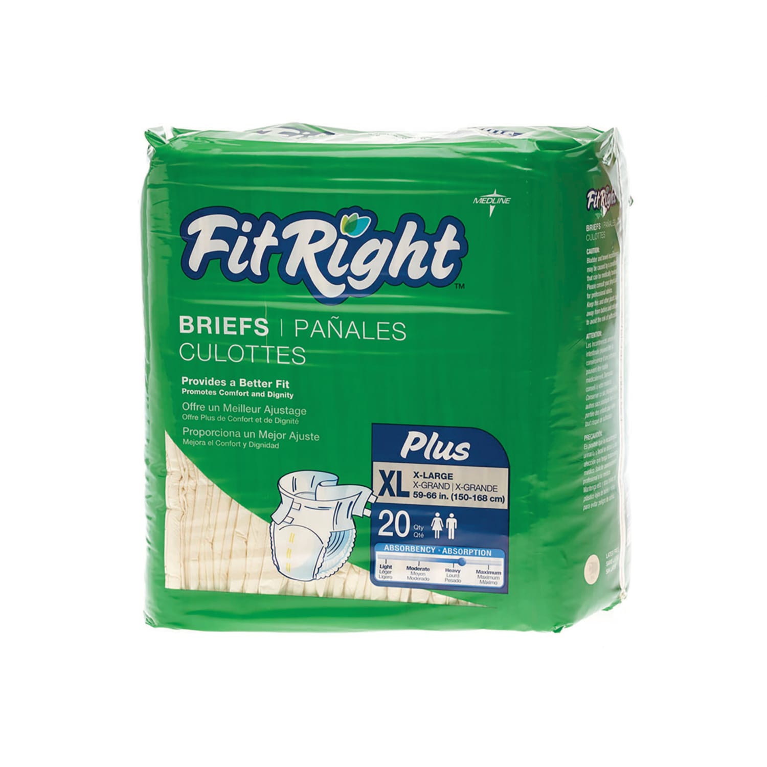 FitRight Plus Disposable Briefs, X-Large, 59 - 66in, Yellow, 20 Briefs Per Bag, Case Of 4 Bags