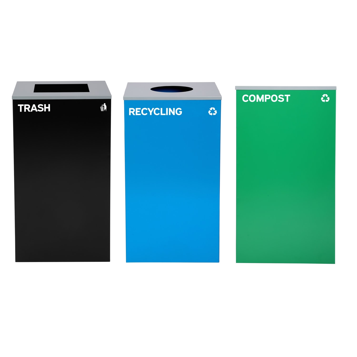Alpine Industries Stainless-Steel Open Top Recycling, Compost And Trash Can Set With Square And Circle Lids, 29 Gallons, 30inH x 16-15/16inW x 16-15/16inD, Black/Blue/Green, Set Of 3 Trash Cans