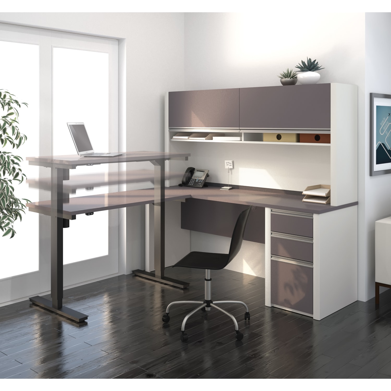 Bestar Connexion 72inW L-Shaped Standing Corner Desk With Pedestal And Hutch, Slate/Sandstone - Image 3