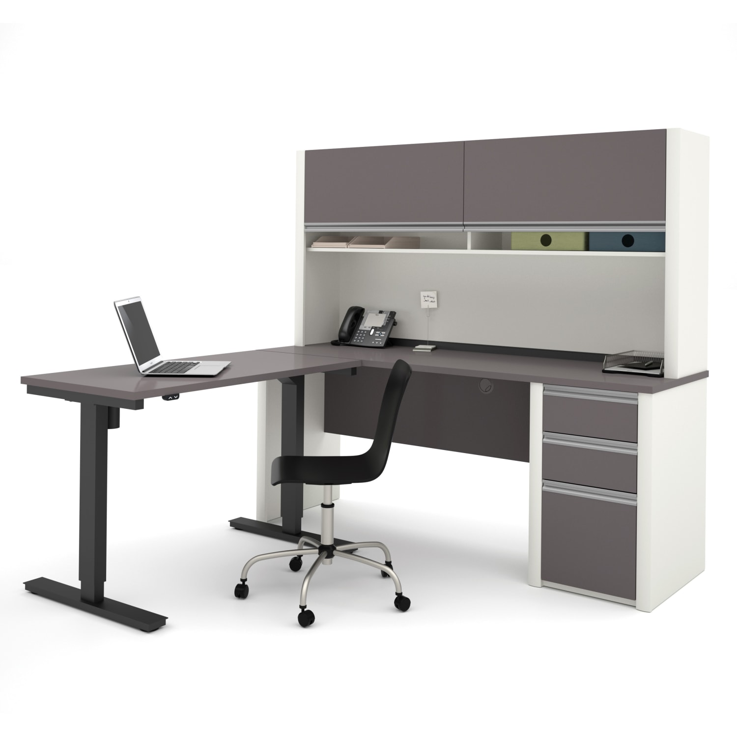 Bestar Connexion 72inW L-Shaped Standing Corner Desk With Pedestal And Hutch, Slate/Sandstone - Image 4