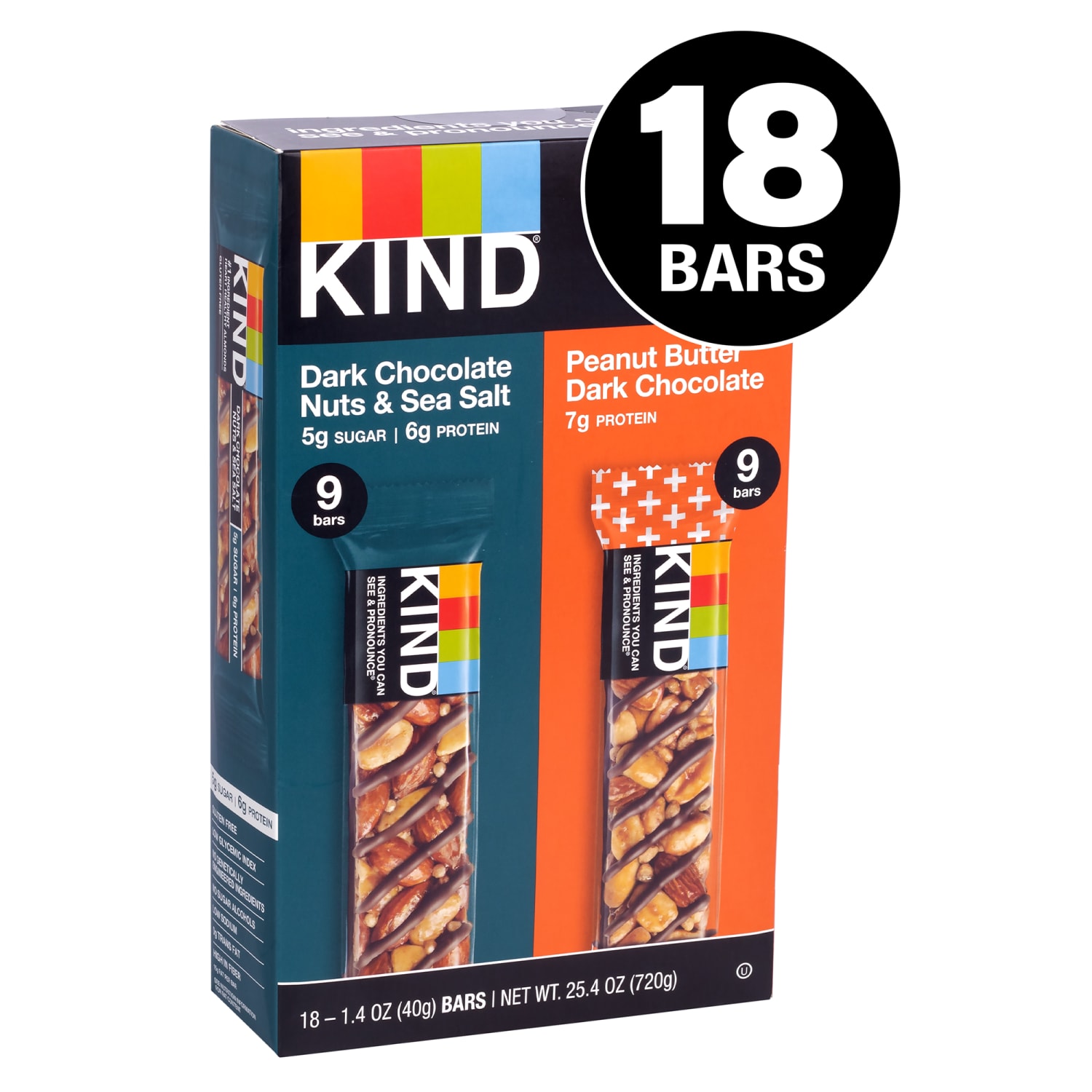 KIND Dark Chocolate Nuts & Sea Salt and Peanut Butter Dark Chocolate Variety Pack, 1.4 Oz, Pack Of 18 Bars - Image 3