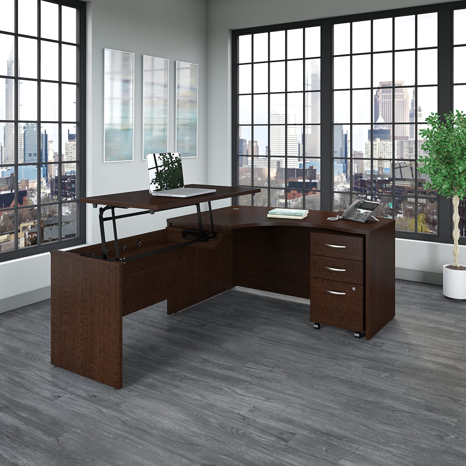 Bush Business Furniture Components 60inW Left Hand 3 Position Sit to Stand L Shaped Desk with Mobile File Cabinet, Mocha Cherry, Standard Delivery - Image 3