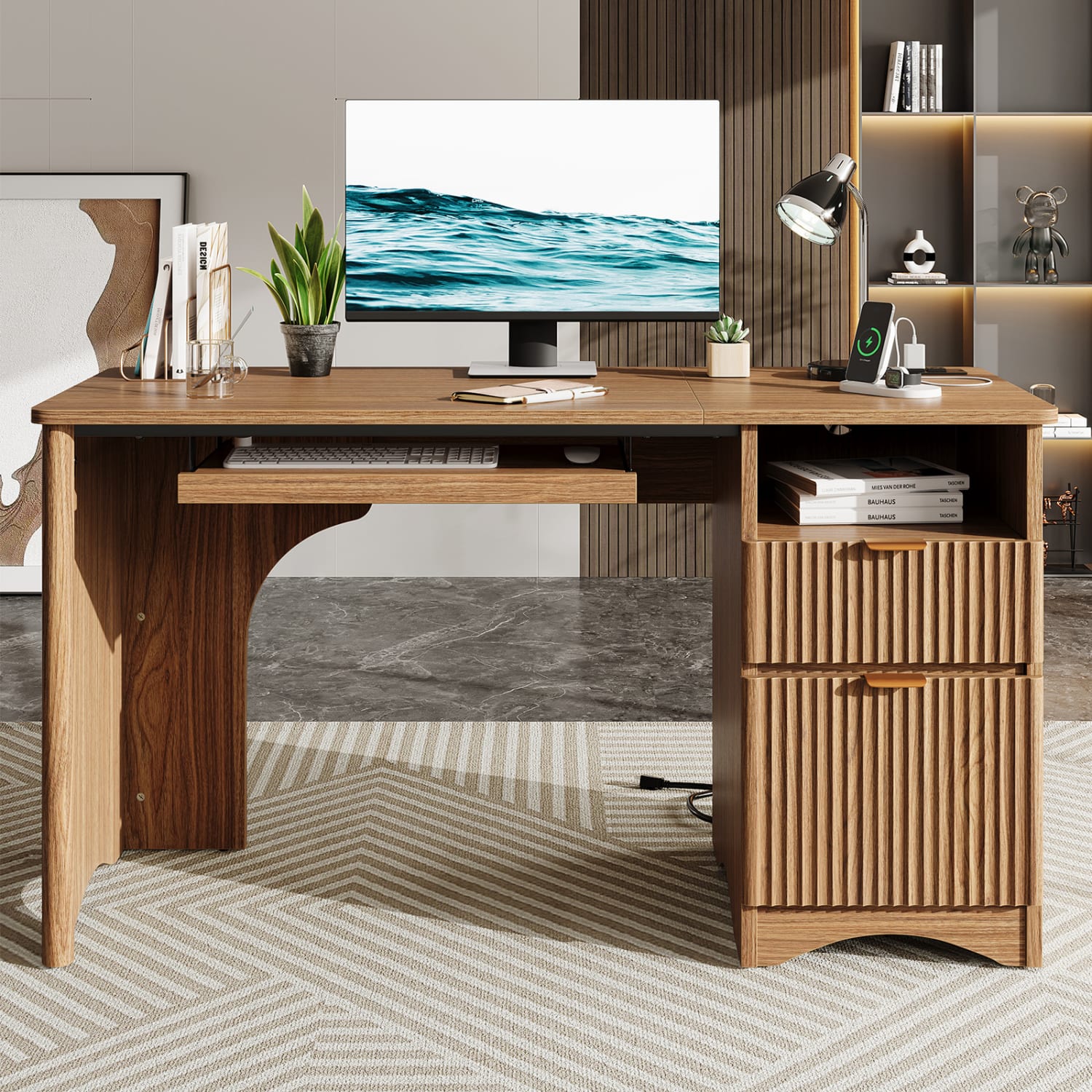 Bestier 55inW Computer Desk, Brown