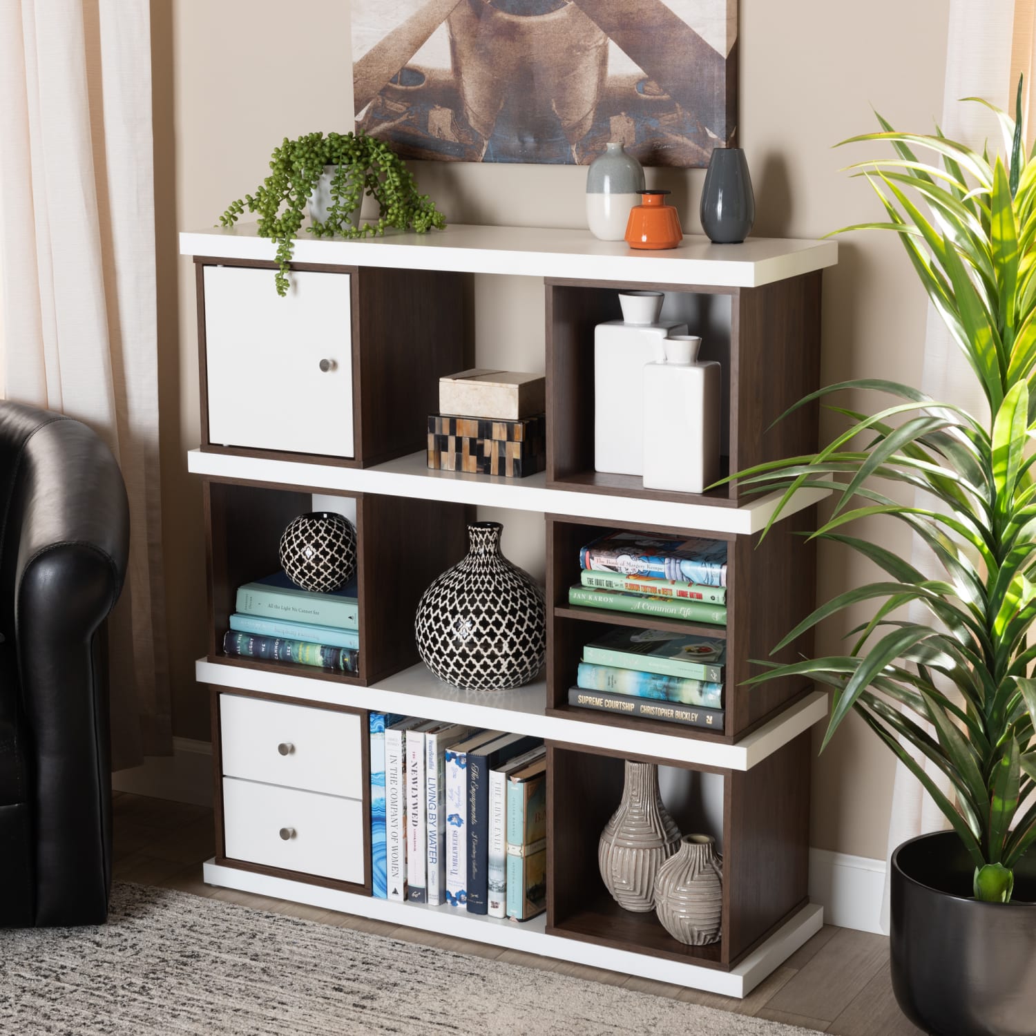 Baxton Studio 40inH Modern 2-Tone 2-Drawer Bookcase, White/Walnut - Image 6