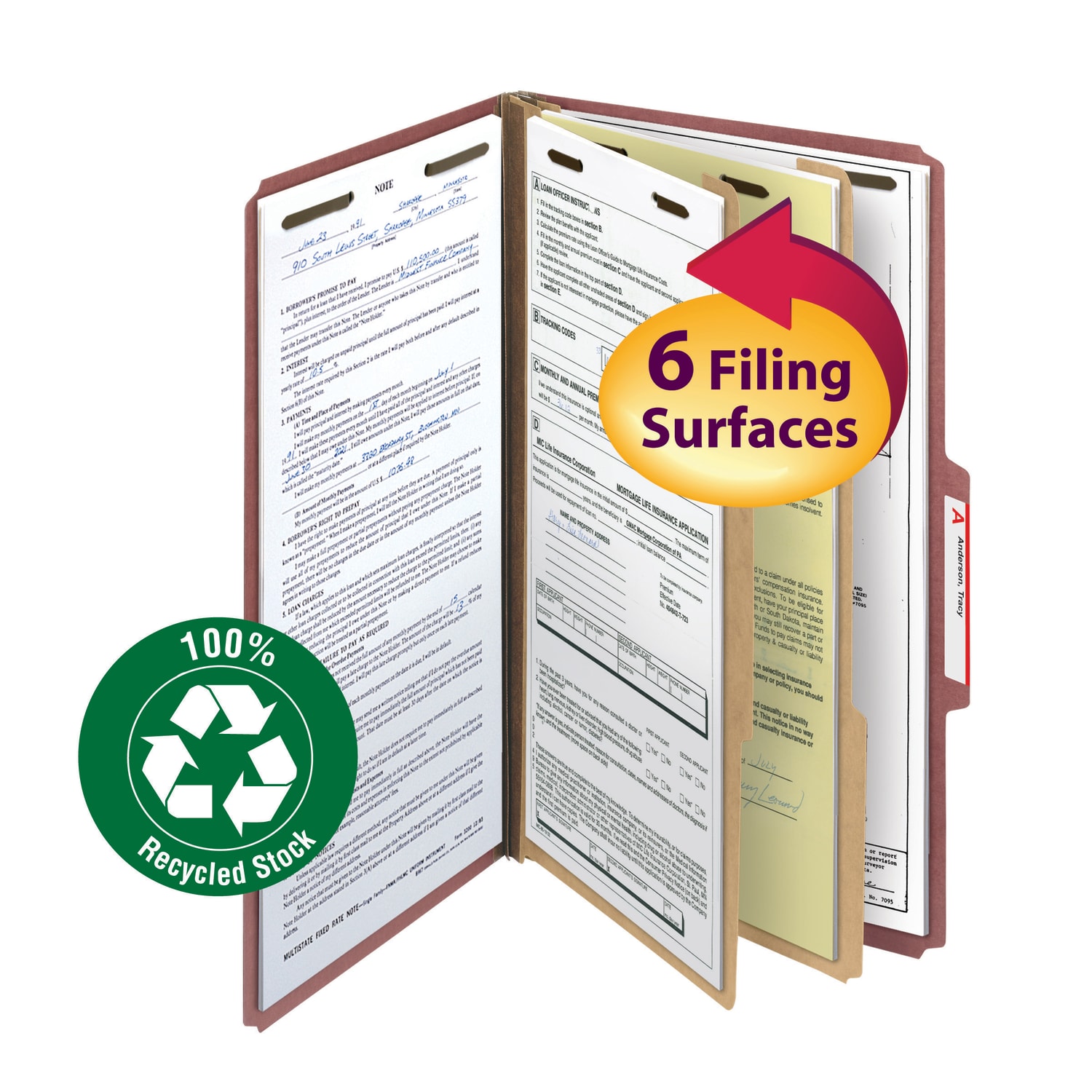 Smead Pressboard Classification Folders, 2 Dividers, Legal Size, 100% Recycled, Red, Box Of 10 - Image 3