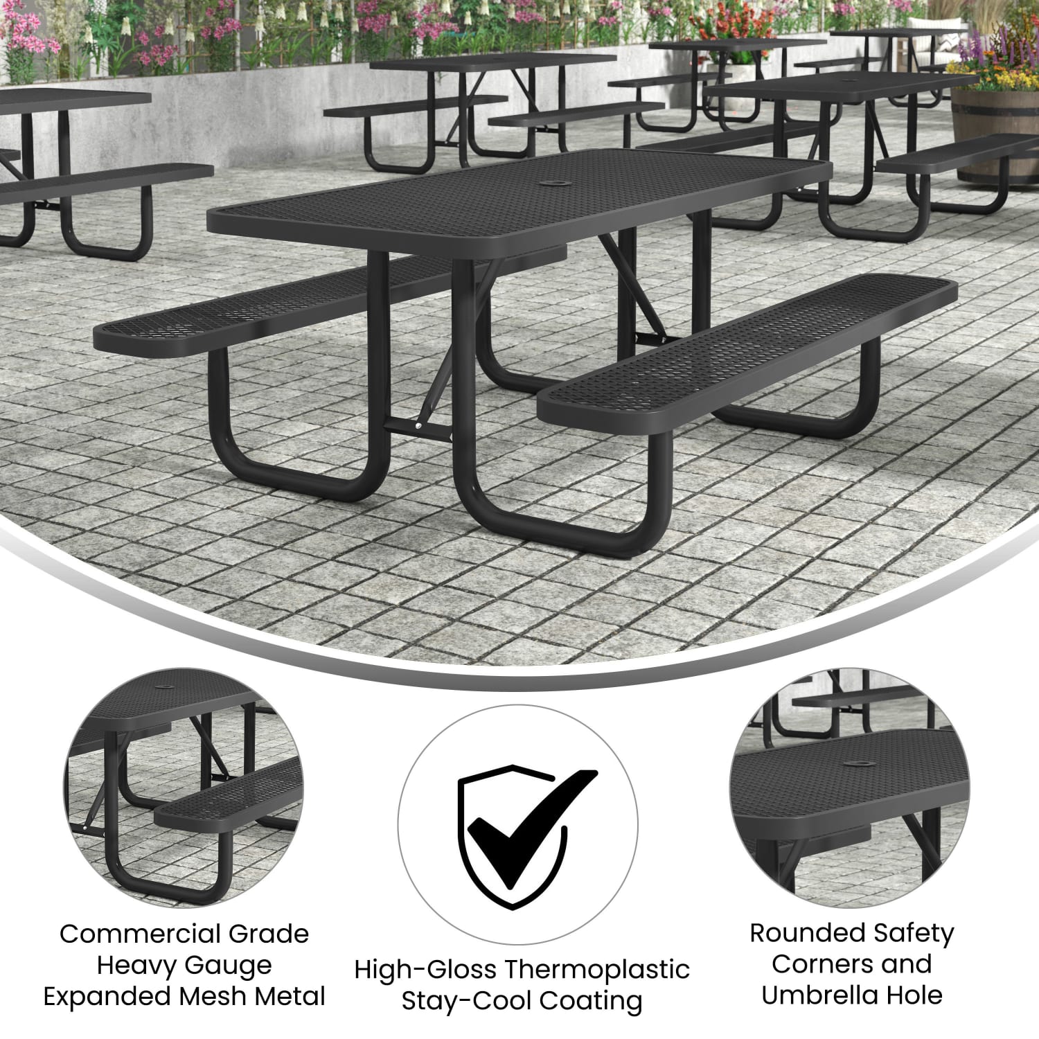 Flash Furniture Mantilla Outdoor Picnic Table with Commercial Heavy Gauge Expanded Metal Mesh Top and Seats and Steel Frame and Ground Anchors, 6ft, Black - Image 4