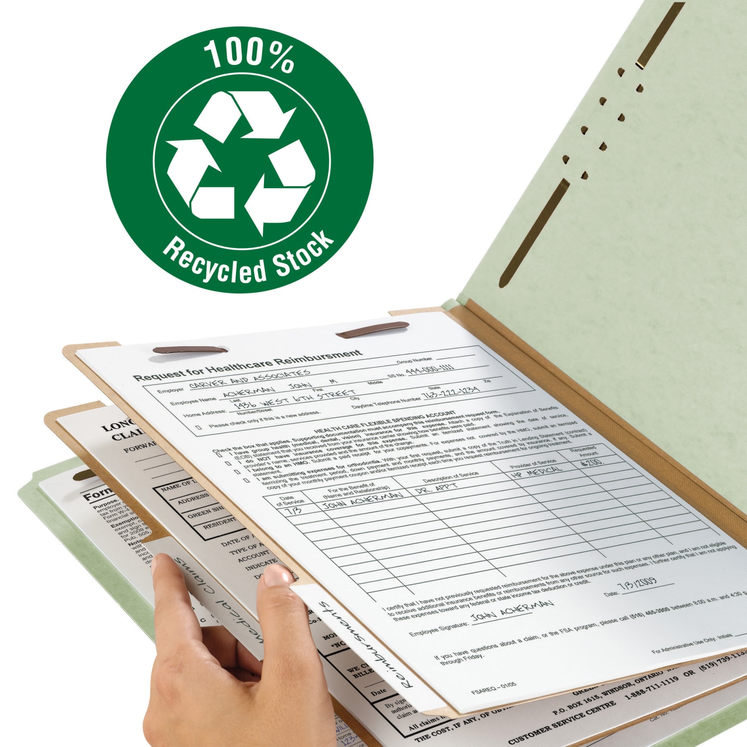 Smead Pressboard Classification Folders, 2 Dividers, Letter Size, 100% Recycled, Gray/Green, Box Of 10 - Image 5
